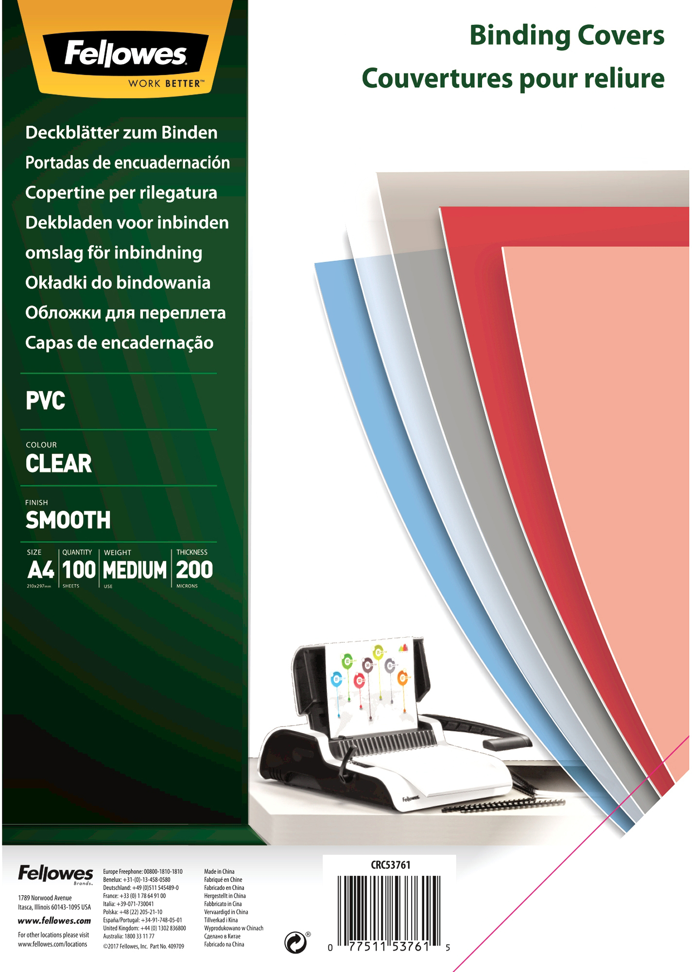 FELLOWES Deckblatt 200mic A4 5376102 grau transp. 100 Stück
