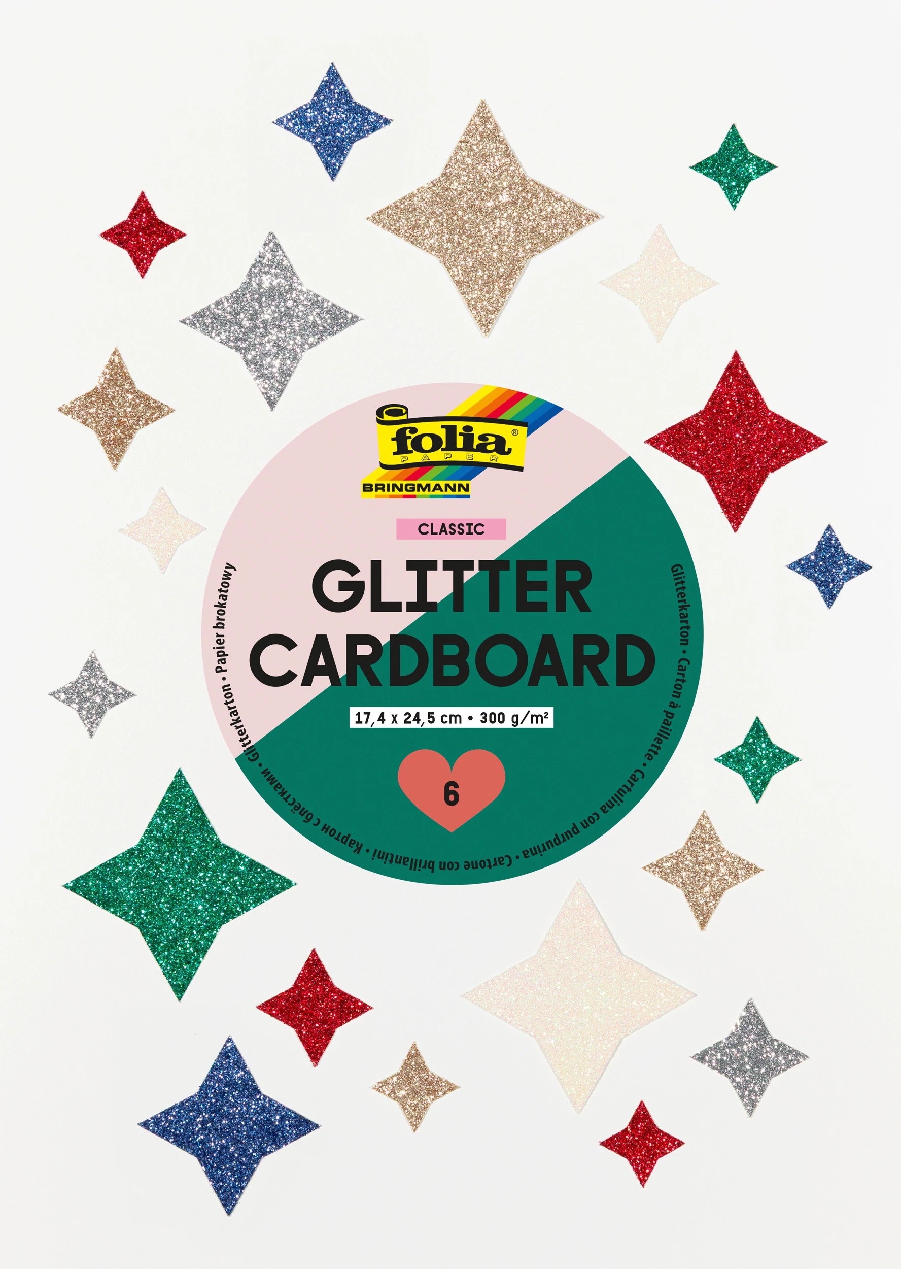 FOLIA Glitterkarton Cla. 17.4x24.5cm 86719 300g, assortiert 6 Blatt