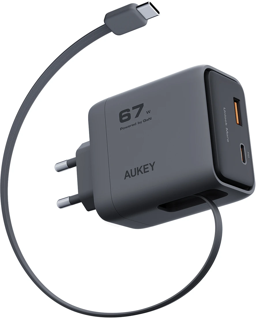 AUKEY Comet Reel Wallcharger 67W PA-C12 GaN,PD,Retrecta. USB-C Cable
