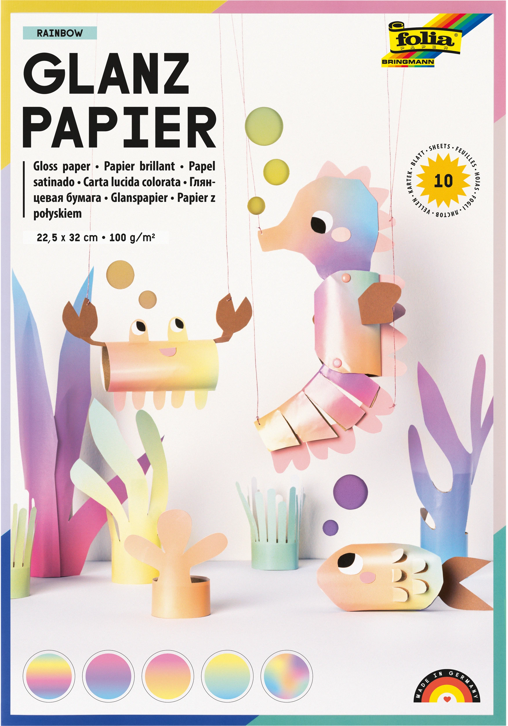 FOLIA Glanzpapier Rainbow 22.5x32cm 766 100g, ass. 10 Blatt