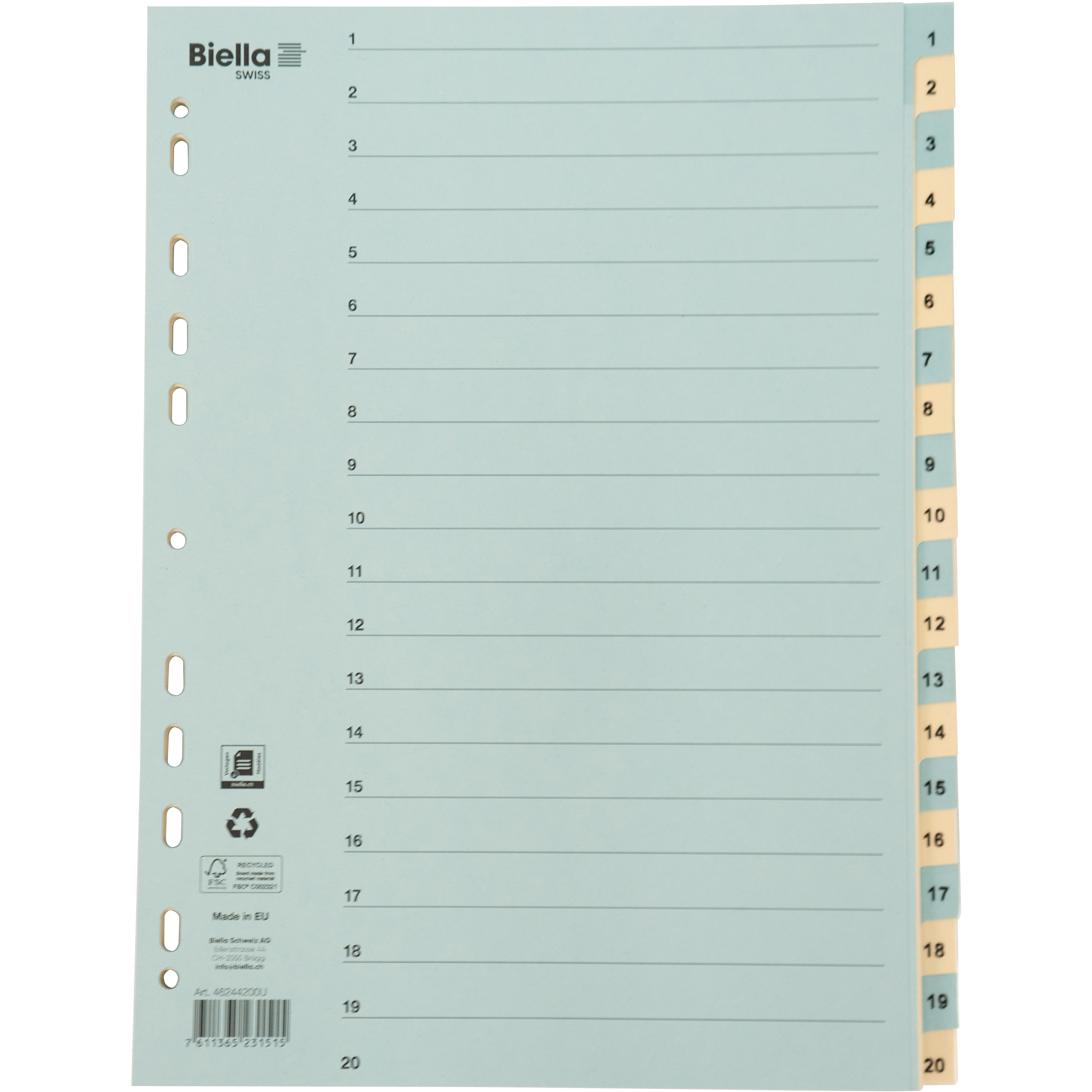 BIELLA Kartonregister 210g A4 46244200U blau/gelb 1-20