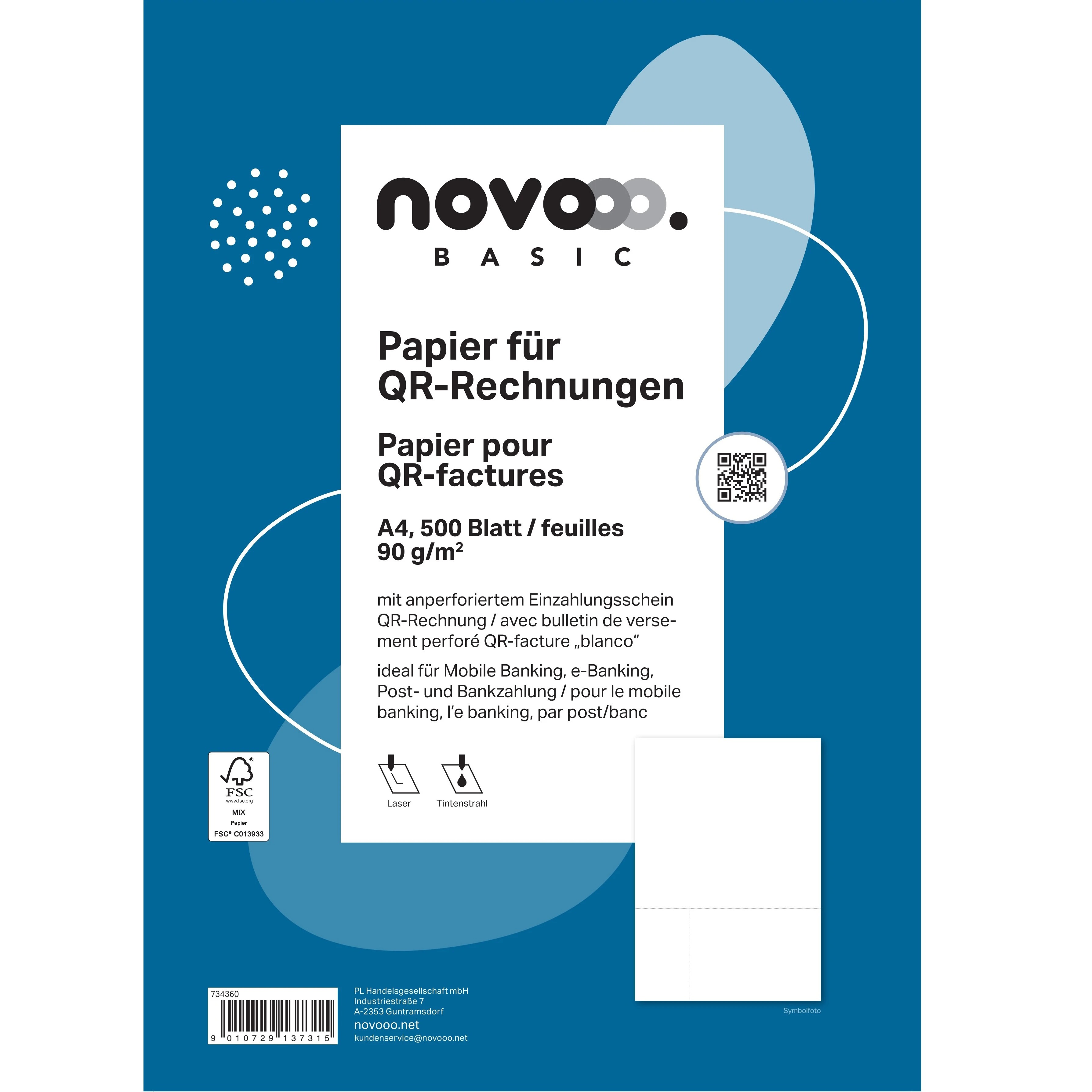 NOVOOO Einzahlungsschein QR-Code A4 734360 90g, perforiert/blanko 500 Stk