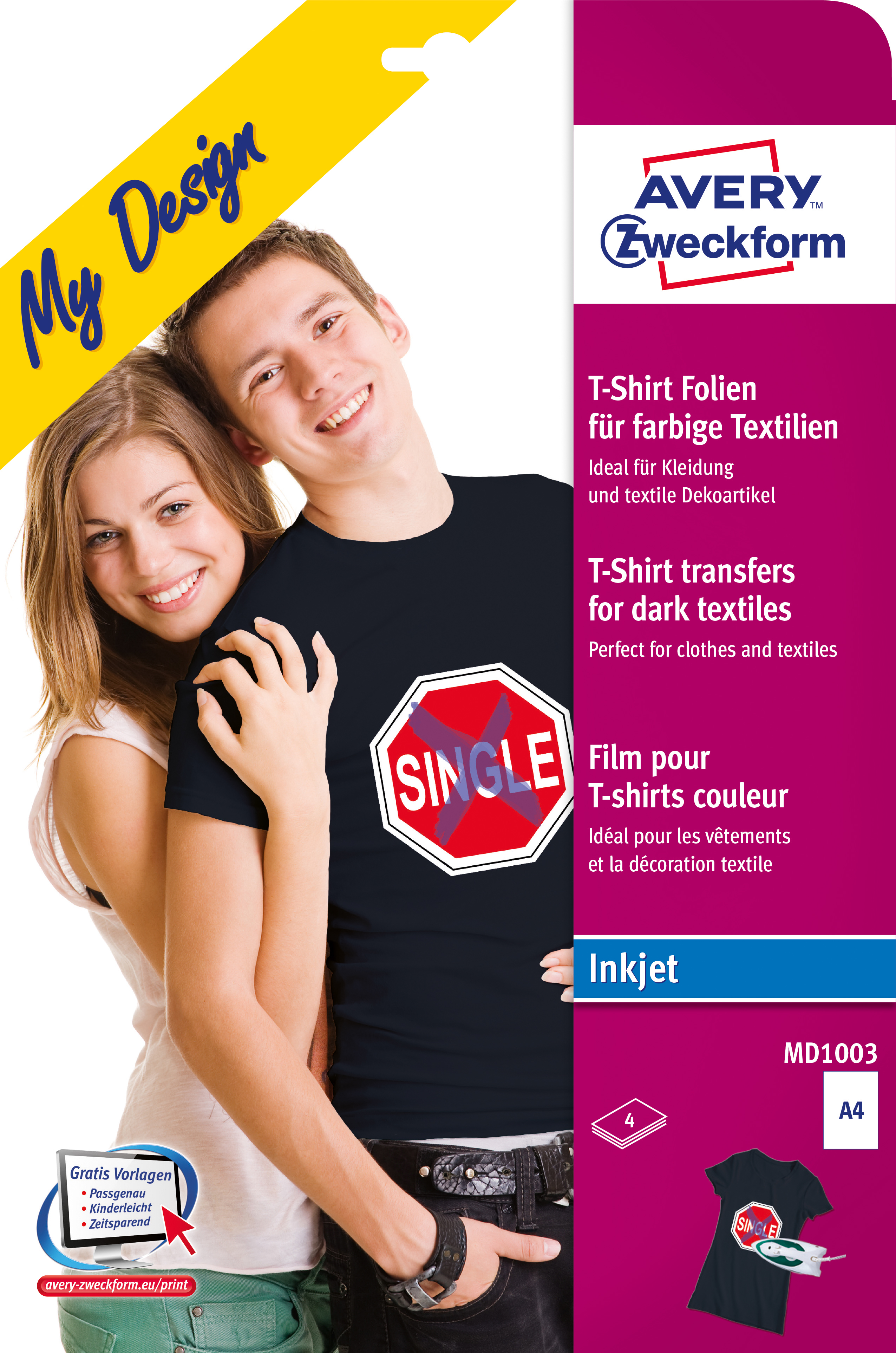 AVERY ZWECKFORM Textilfolie Iron-on A4 MD1003 Inkjet farbige Textil. 4 Stk.