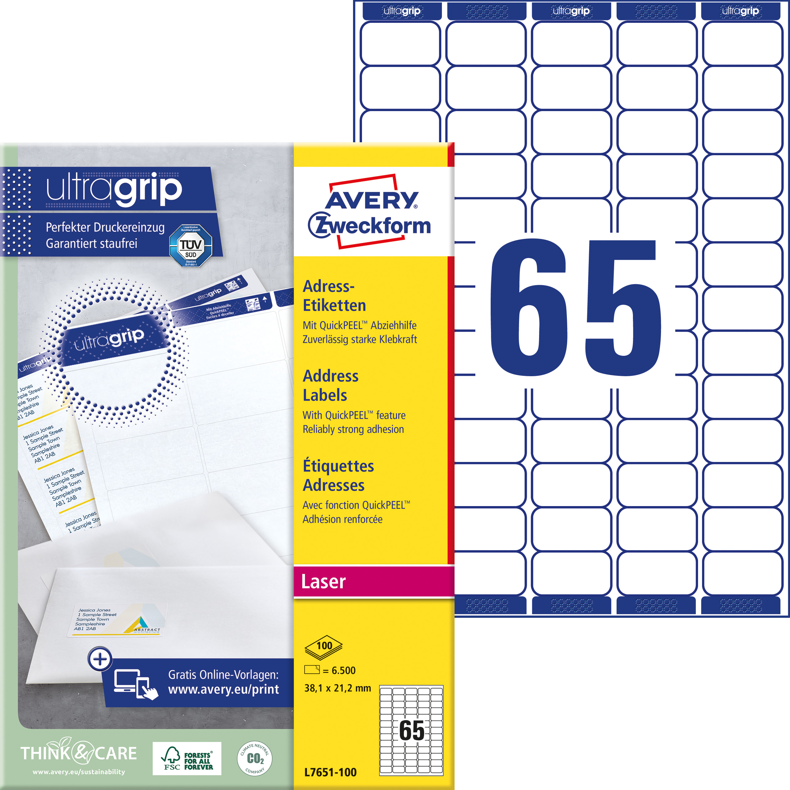 AVERY ZWECKFORM Adressetiketten 38,1x21,2mm L7651-100 weiss 6500 Stk./100 Blatt