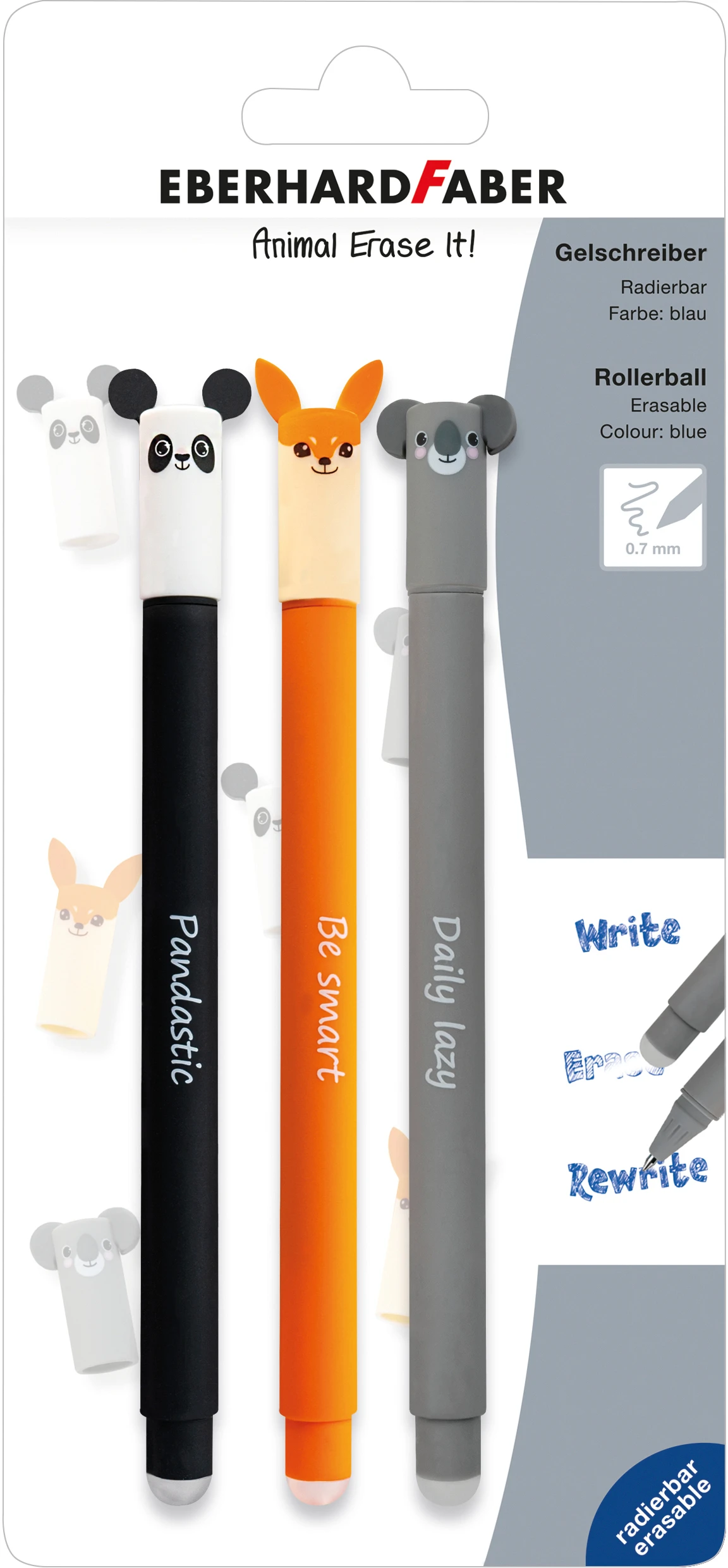 EBERHARD FABER Gelschreiber Erase It 0.7mm 582123 Animal 3 Stück
