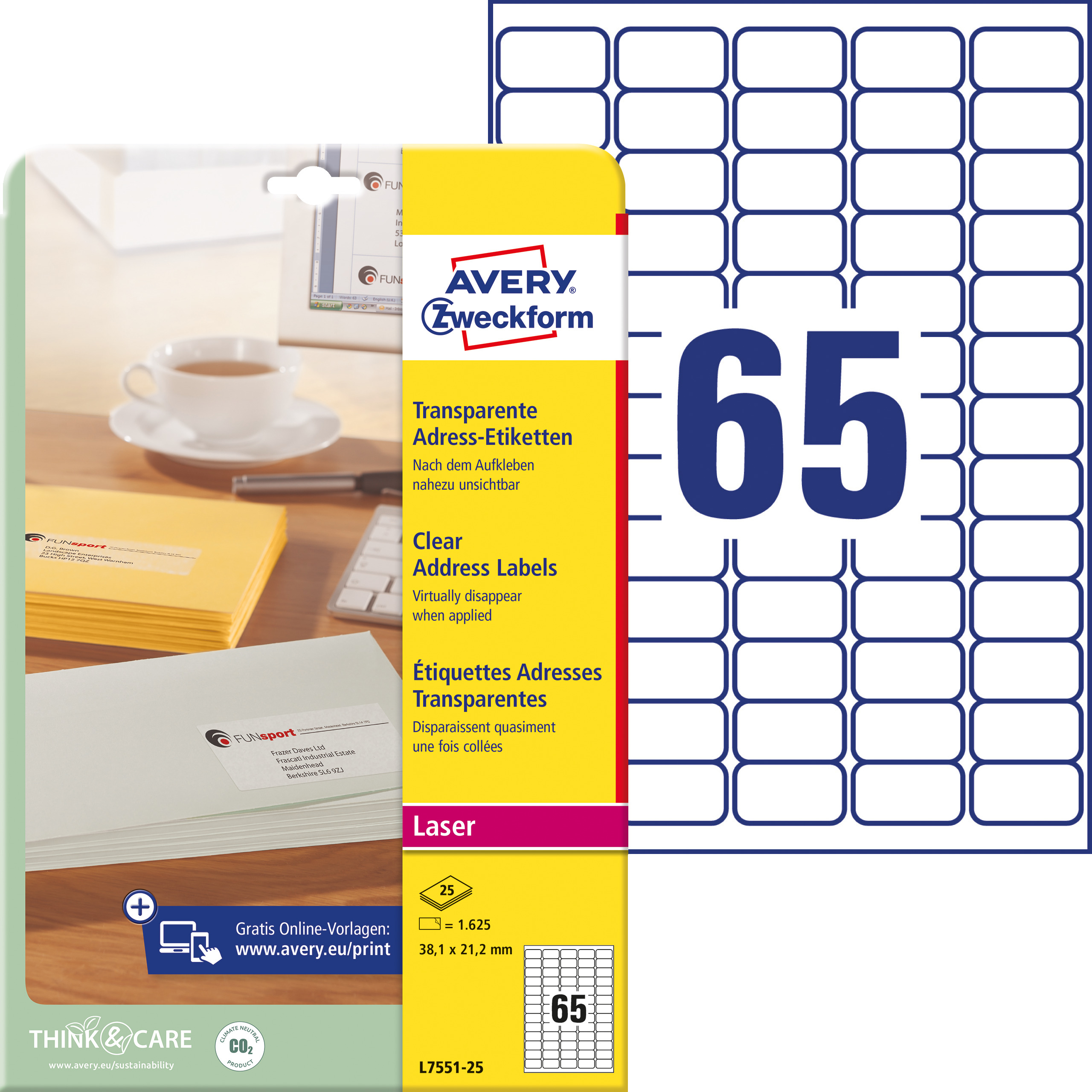 AVERY ZWECKFORM Adress-Etik. Laser 38x21,2mm L7551-25 transparent 1625 St./25 Blatt