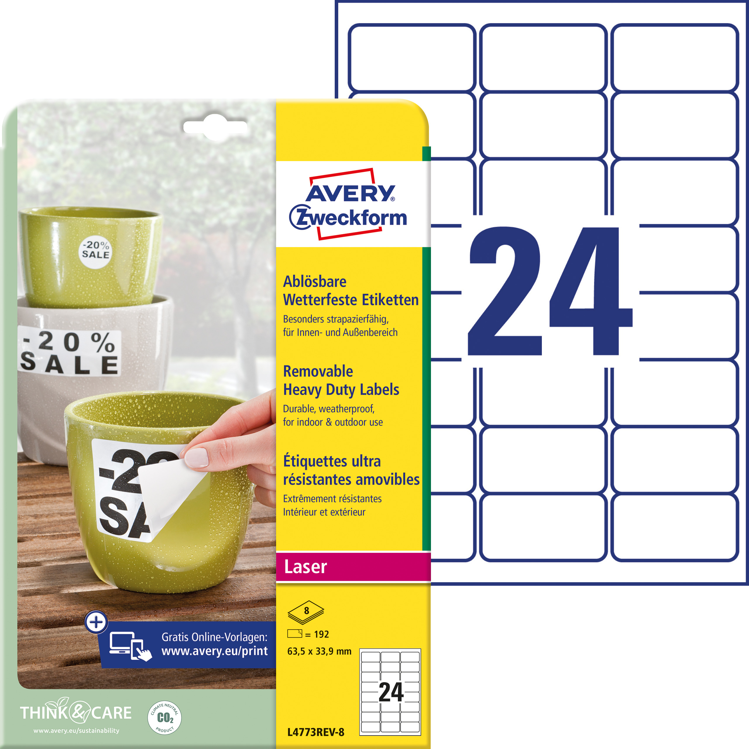 AVERY ZWECKFORM Etiketten Laser 63,5x33,9mm L4773REV8 weiss,wetterfest,ablösbar 8 B.