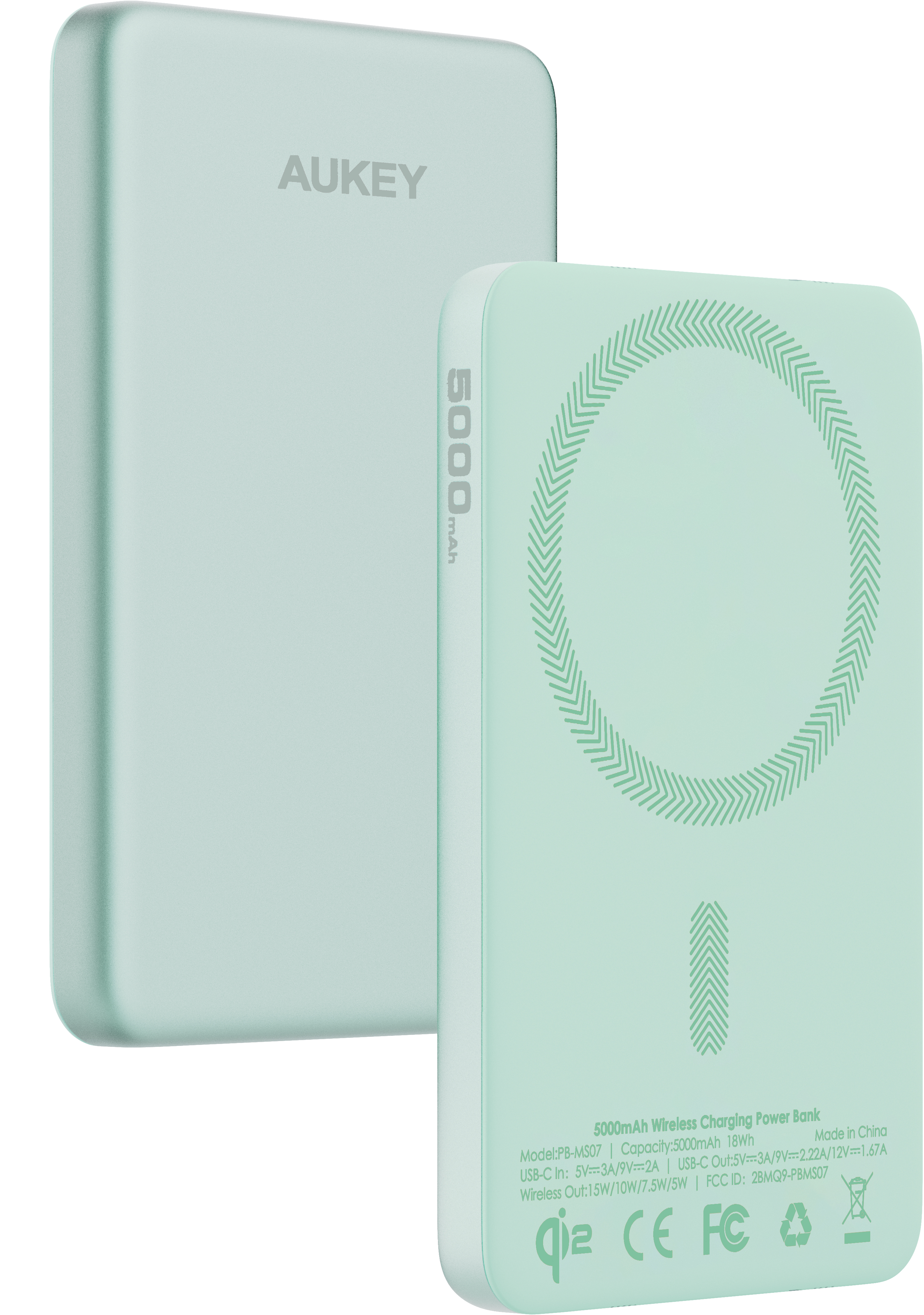 AUKEY MagFusion Slim 5000mAh PB-MS07 MB Powerbank Qi2 Wireless,Mint
