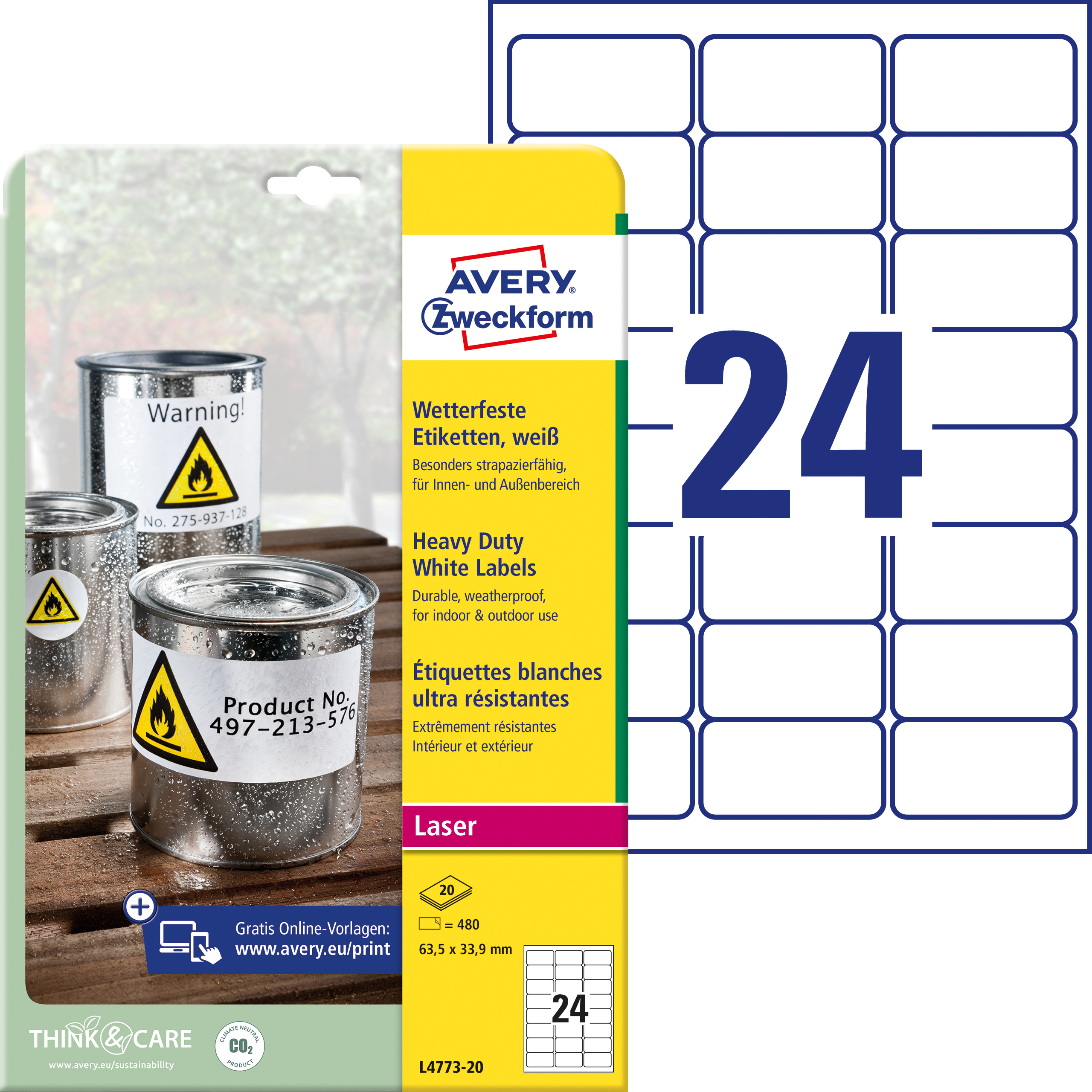 AVERY ZWECKFORM Folienetiketten 63,5x33,9mm L4773-20 wetterfest, perm.480Stk./20Bl.
