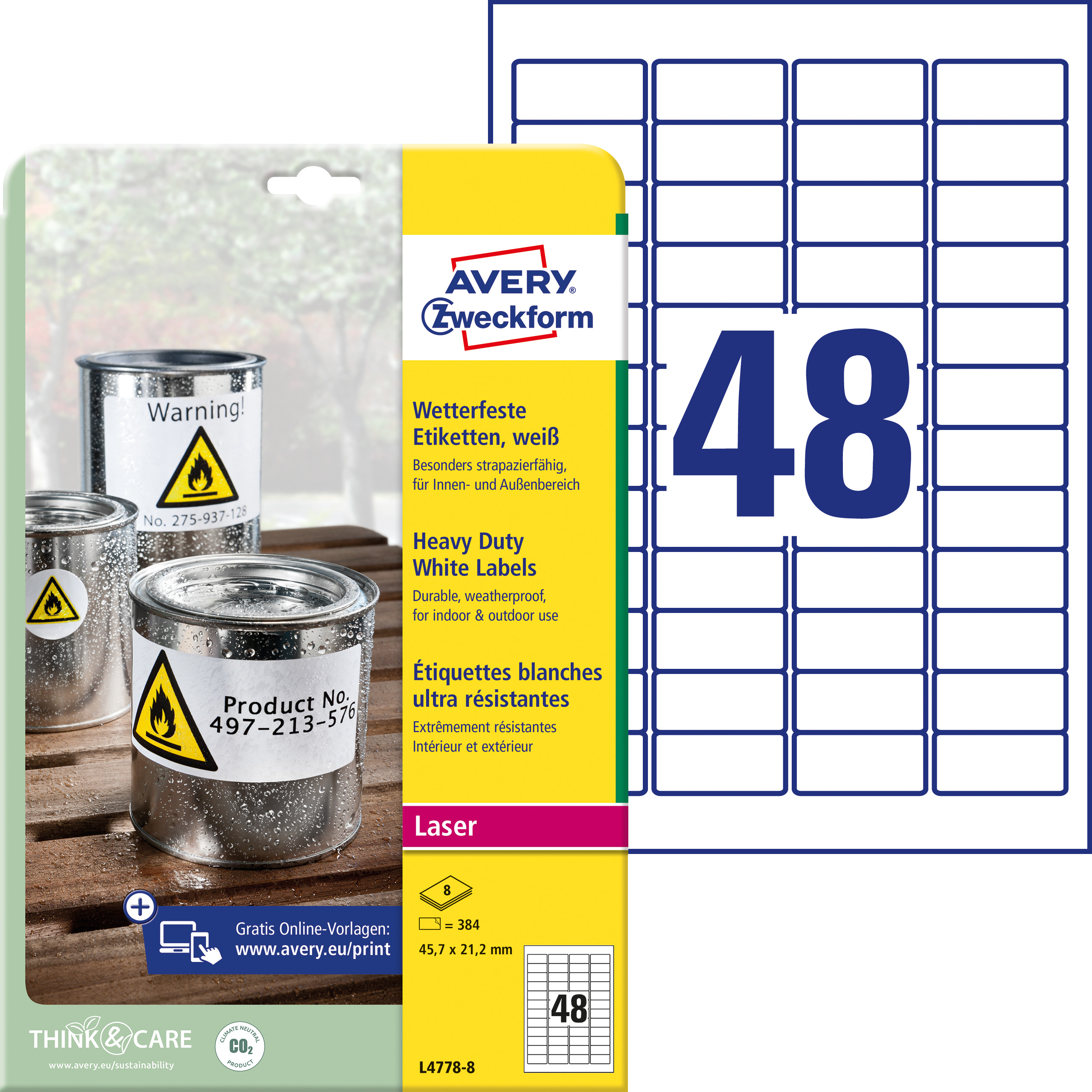 AVERY ZWECKFORM Etiketten Laser 45,7x21,2mm L47788 weiss, wetterfest 8 Blatt