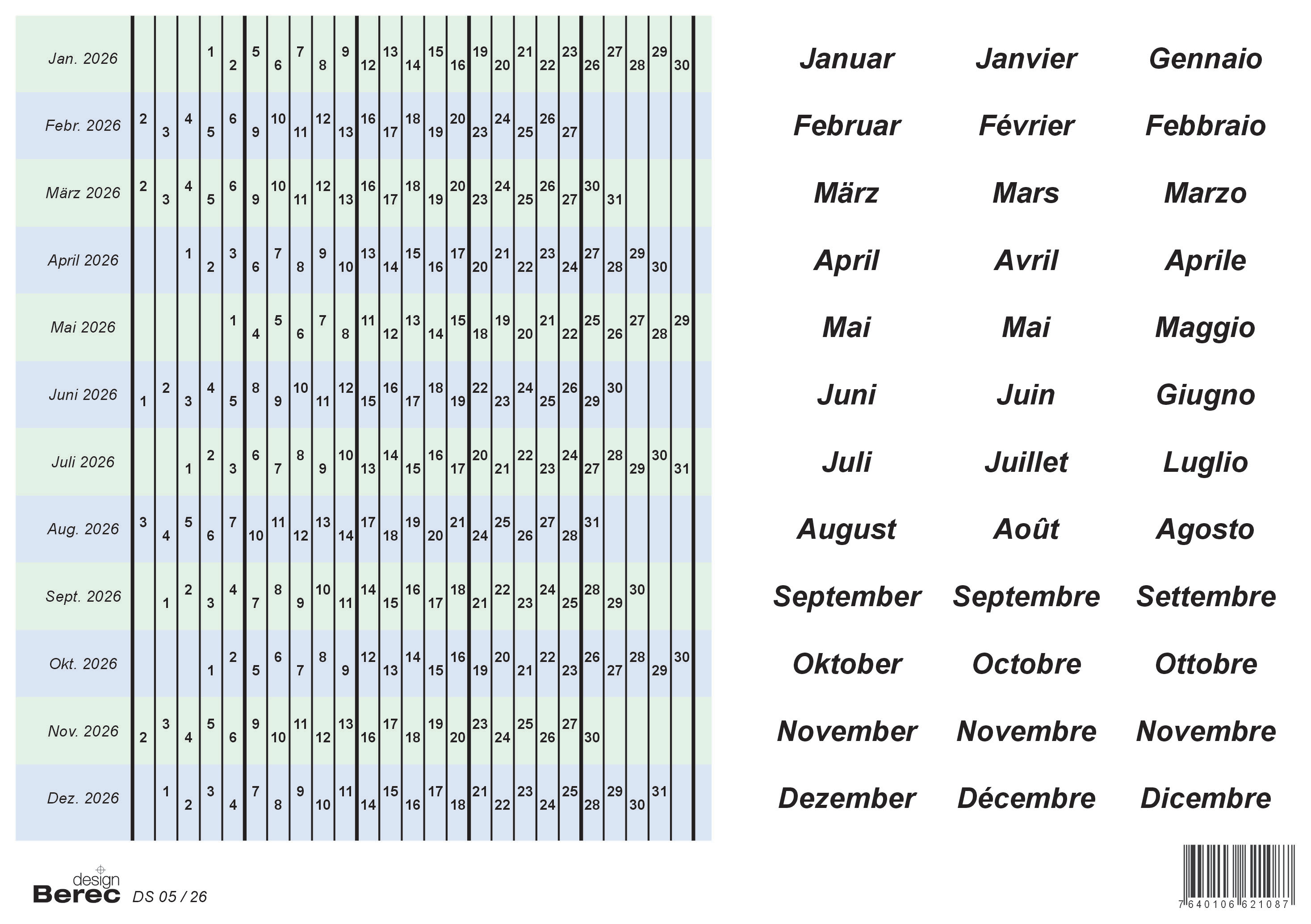 BEREC Datumsstreifenset 2026 DS 05/26 selbstklebend 5-Tage-Woche