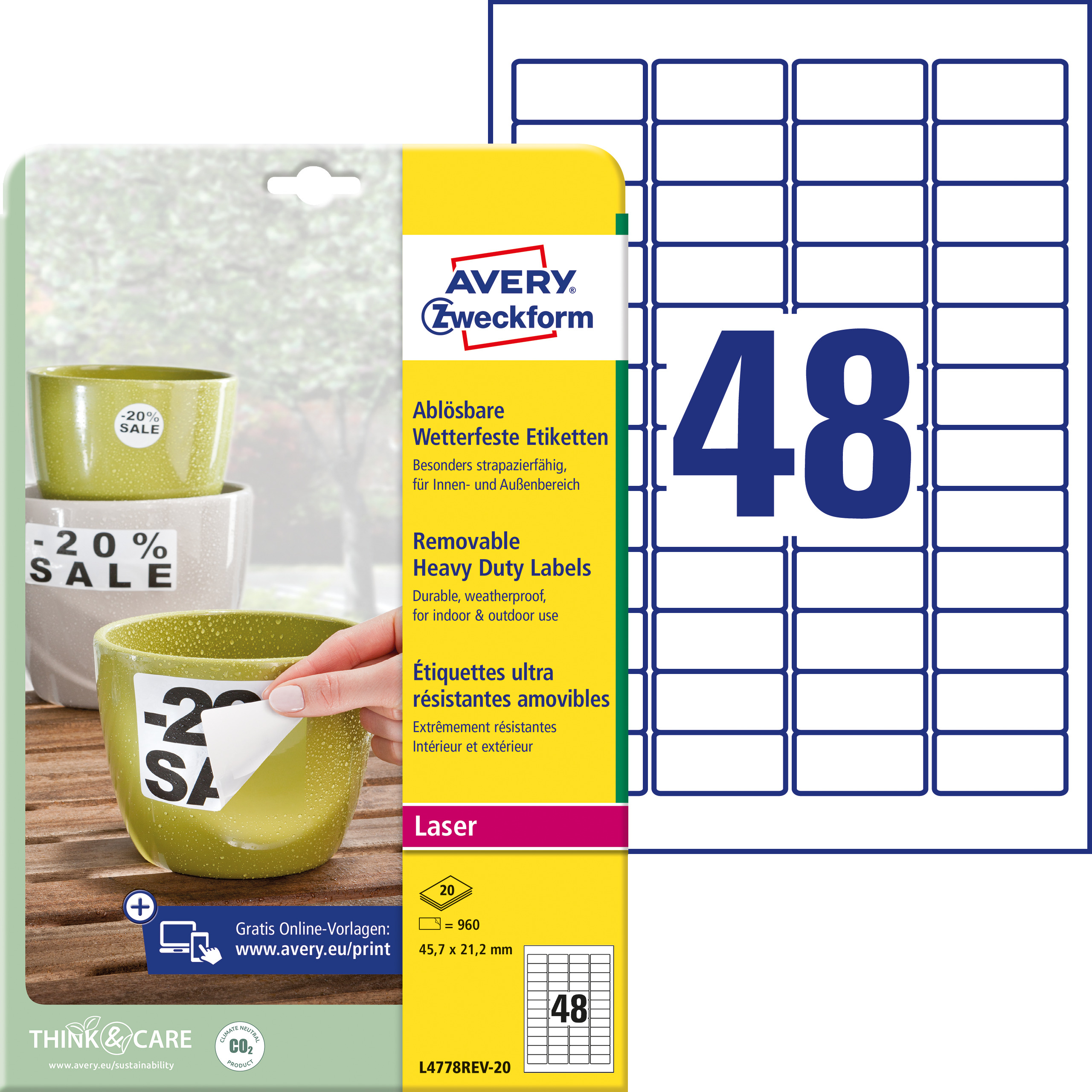 AVERY ZWECKFORM Folienetiketten 45,7x21,2mm L4778REV2 weiss,non-perm. 960 St./20 Bl.