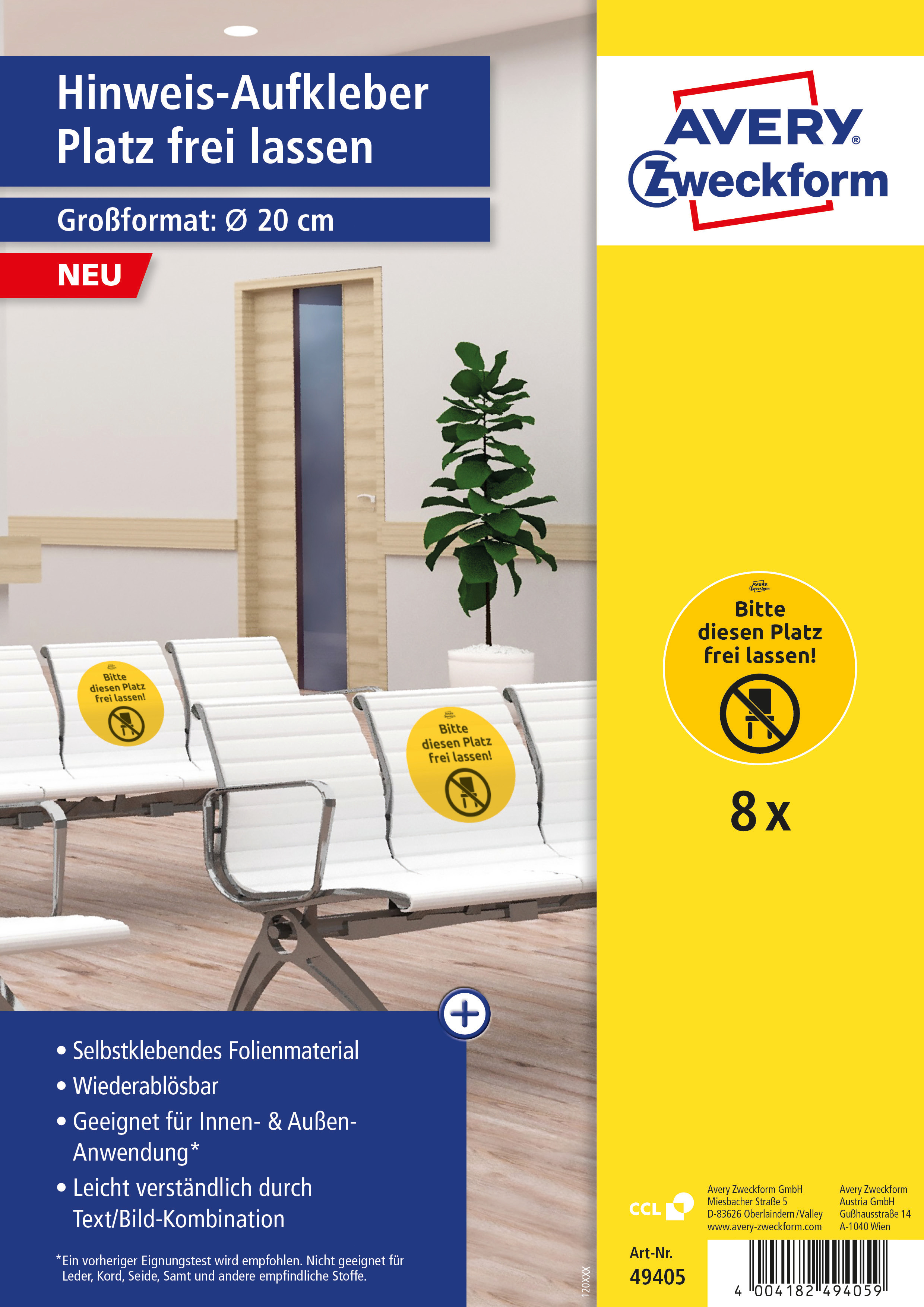 AVERY ZWECKFORM Hinweis-Aufkleber DE 20cm 49405 Platz frei lassen 8 Stück