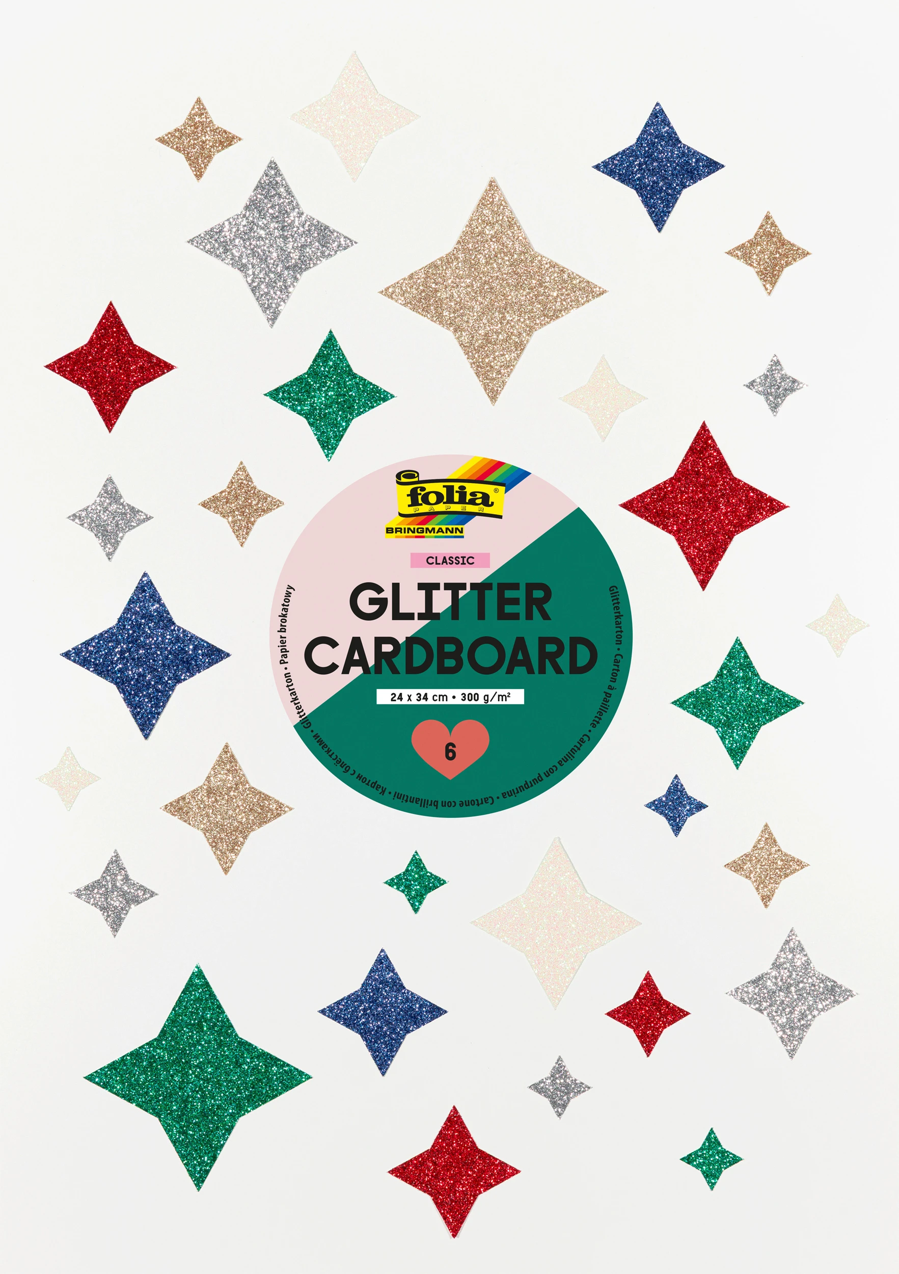 FOLIA Glitterkarton Classic 24x34cm 86619 300g, assortiert 6 Blatt