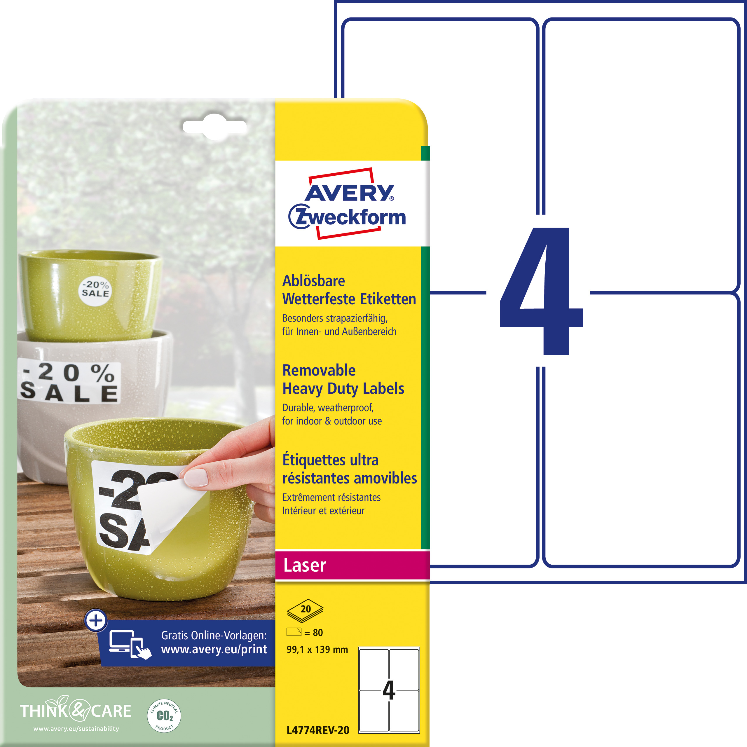 AVERY ZWECKFORM Folienetiketten 99,1x139mm L4774REV2 weiss,non-perm. 80 St. 20 Bl.