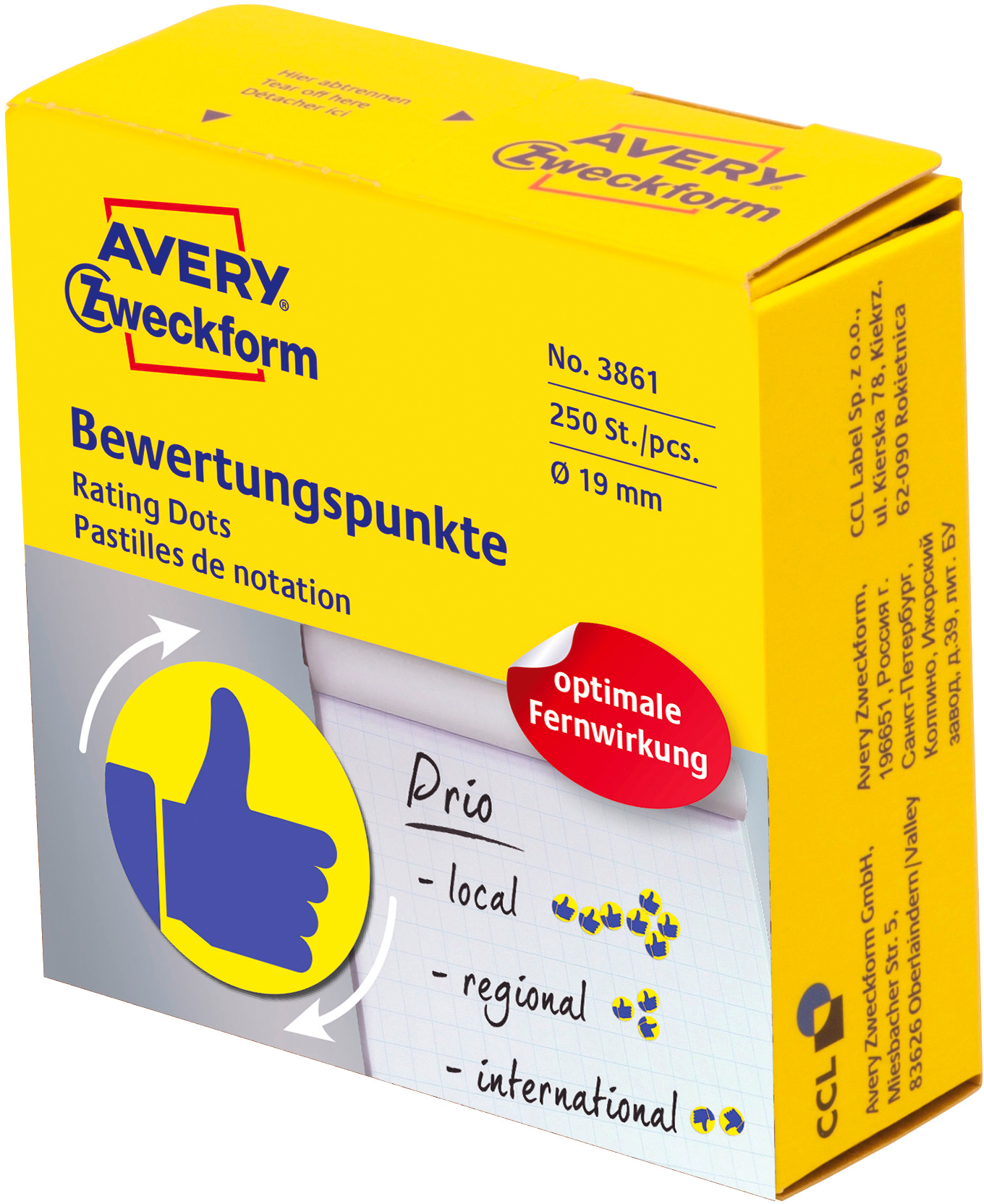AVERY ZWECKFORM Bewertungspunkte Daumen 19mm 3861 gelb, Spender 250 Stück
