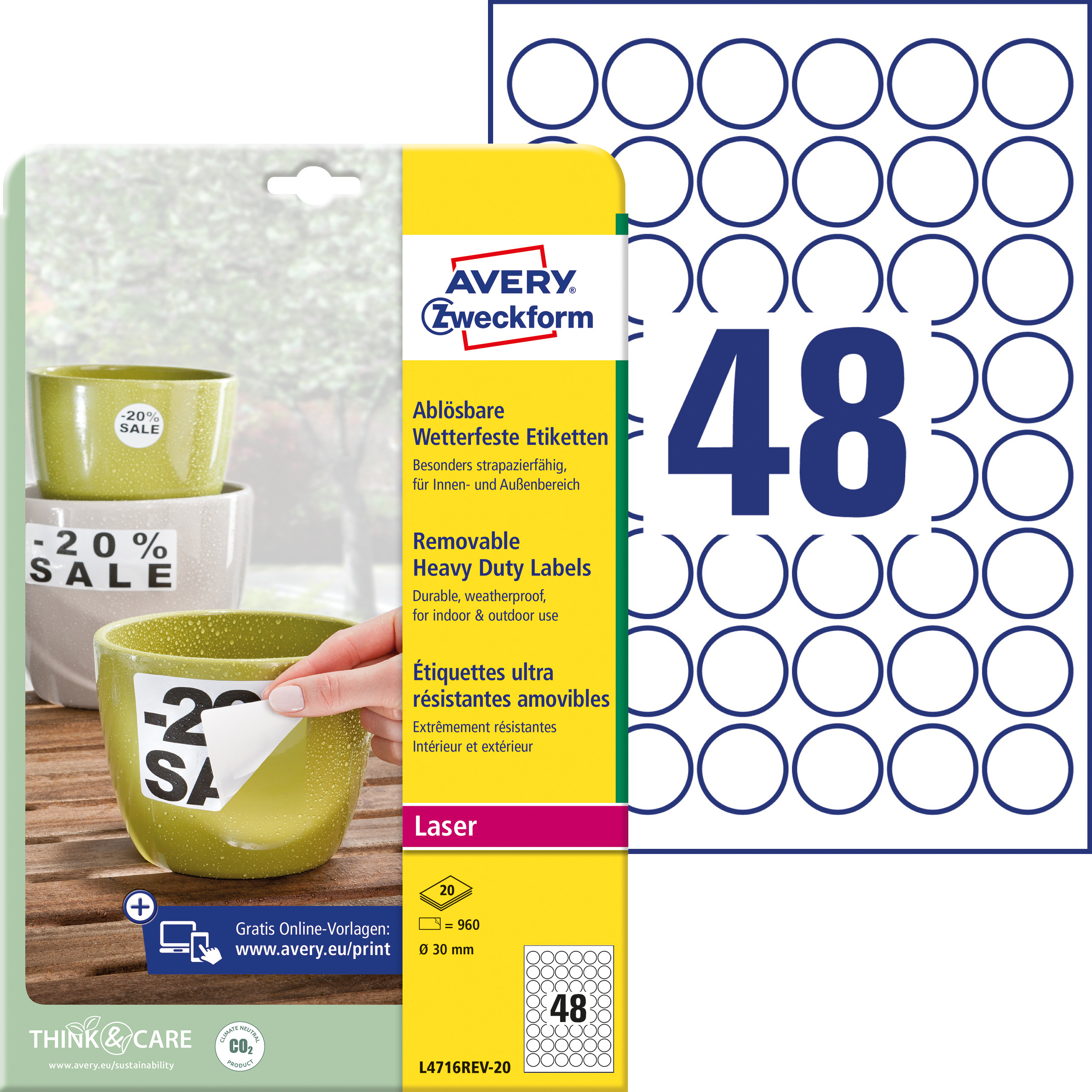 AVERY ZWECKFORM Etiketten Laser 30mm L4716REV2 weiss, non-perm. 20 Blatt