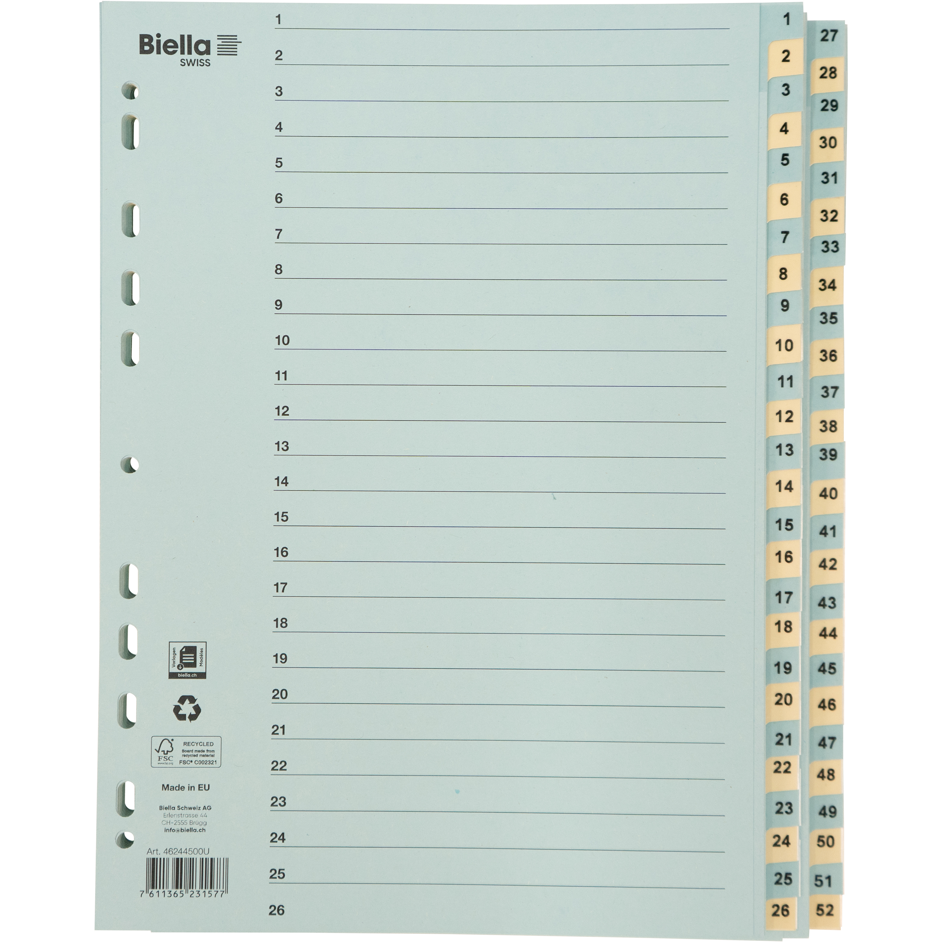BIELLA Kartonregister 210g A4 46244500U blau/gelb 1-52