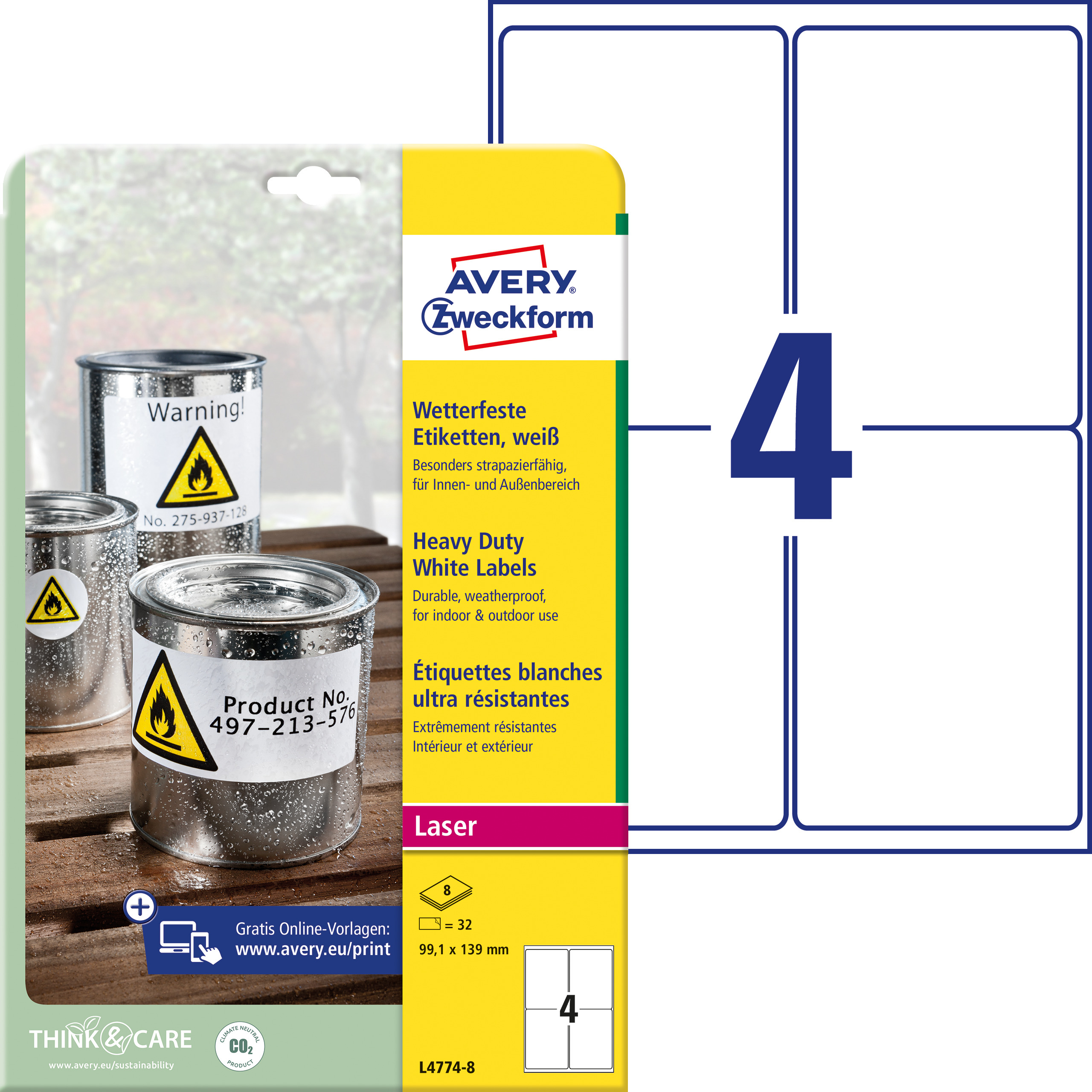 AVERY ZWECKFORM Etiketten Laser 99,1x139mm L47748 weiss, wetterfest 8 Blatt