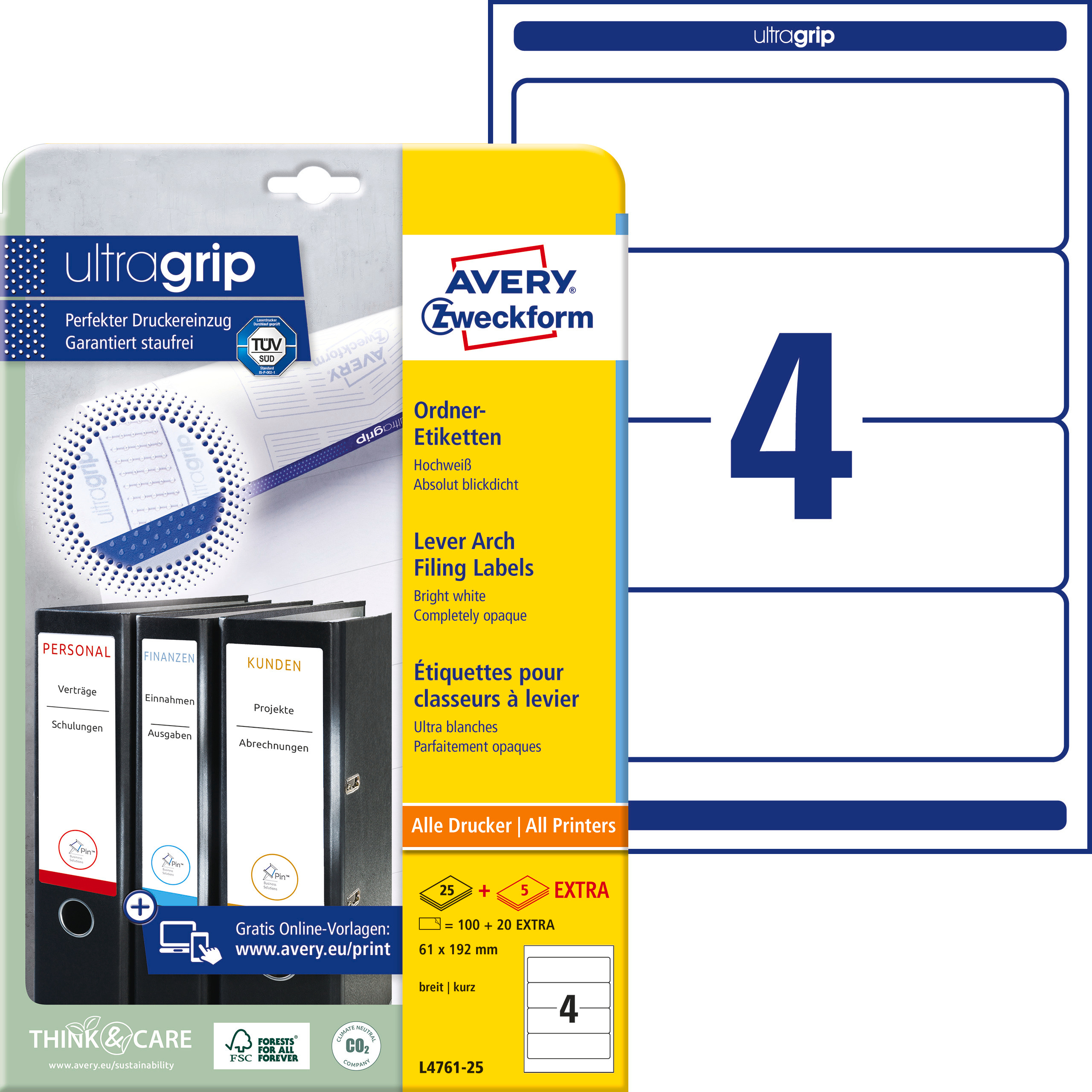 AVERY ZWECKFORM Ordner-Etiketten 61x192mm L4761-25 weiss 120 Stück/25 + 5 Blatt