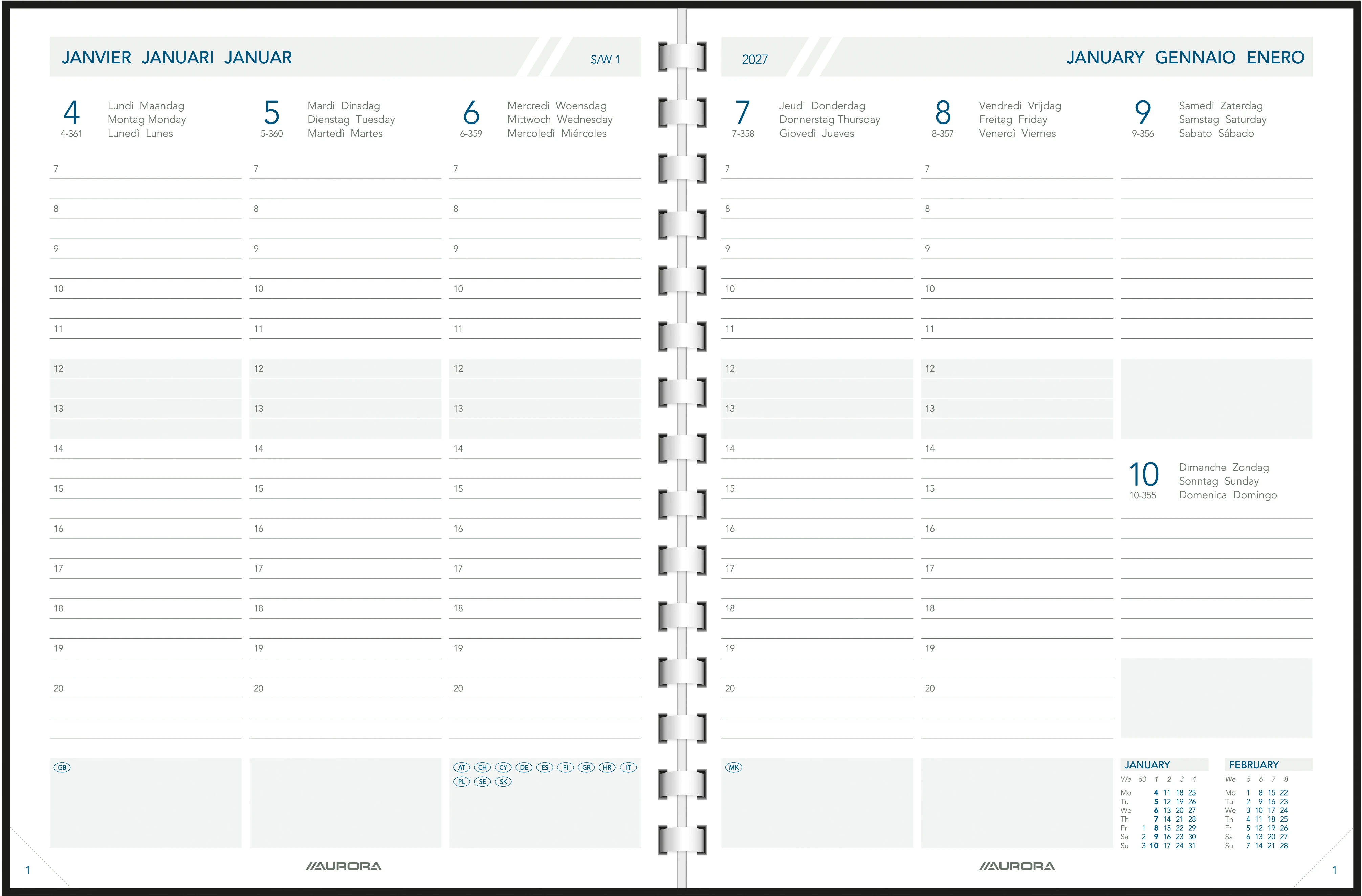AURORA Agenda Business Perl 2027 2900P 1W/2S Ersatz ML 17.5x22cm