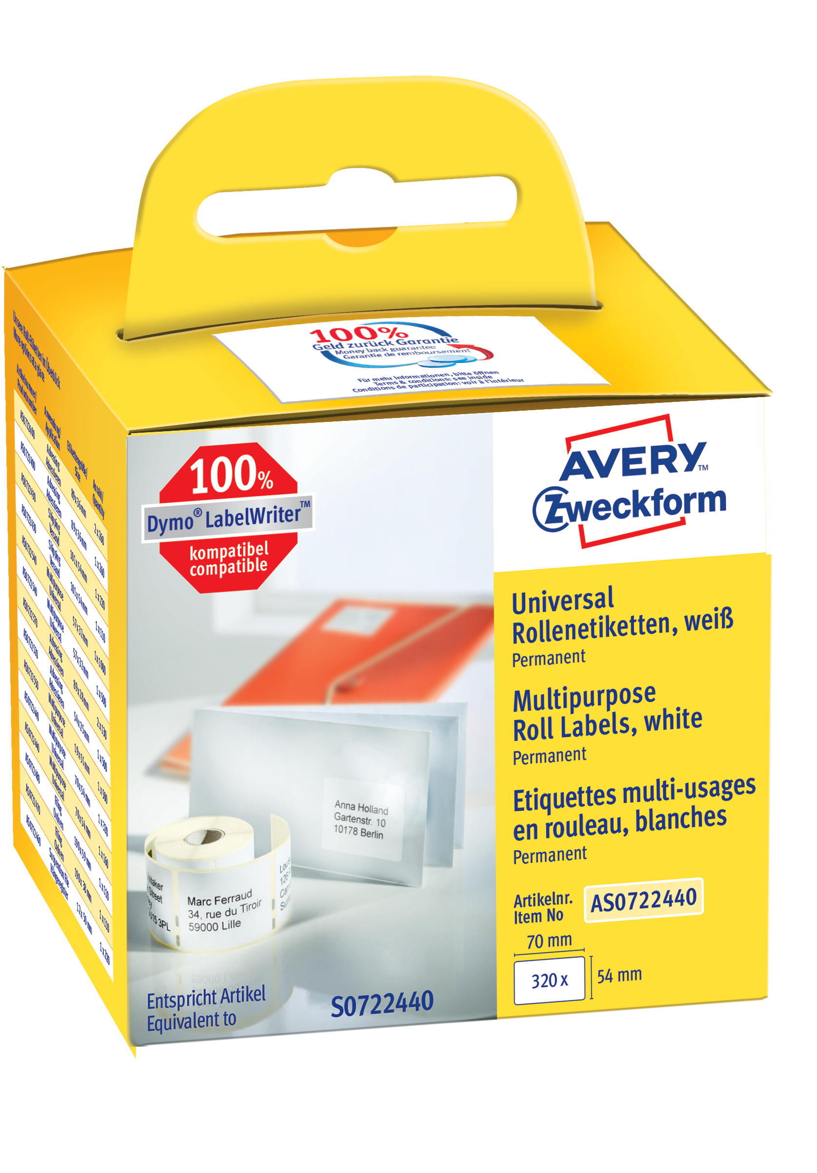 AVERY ZWECKFORM Universal-Etiketten 70x54mm AS0722440 weiss, Rolle 320 Stück AVERY ZWECKFORM Universal-Etiketten 70x54mm AS0722440 weiss, Rolle 320 Stück