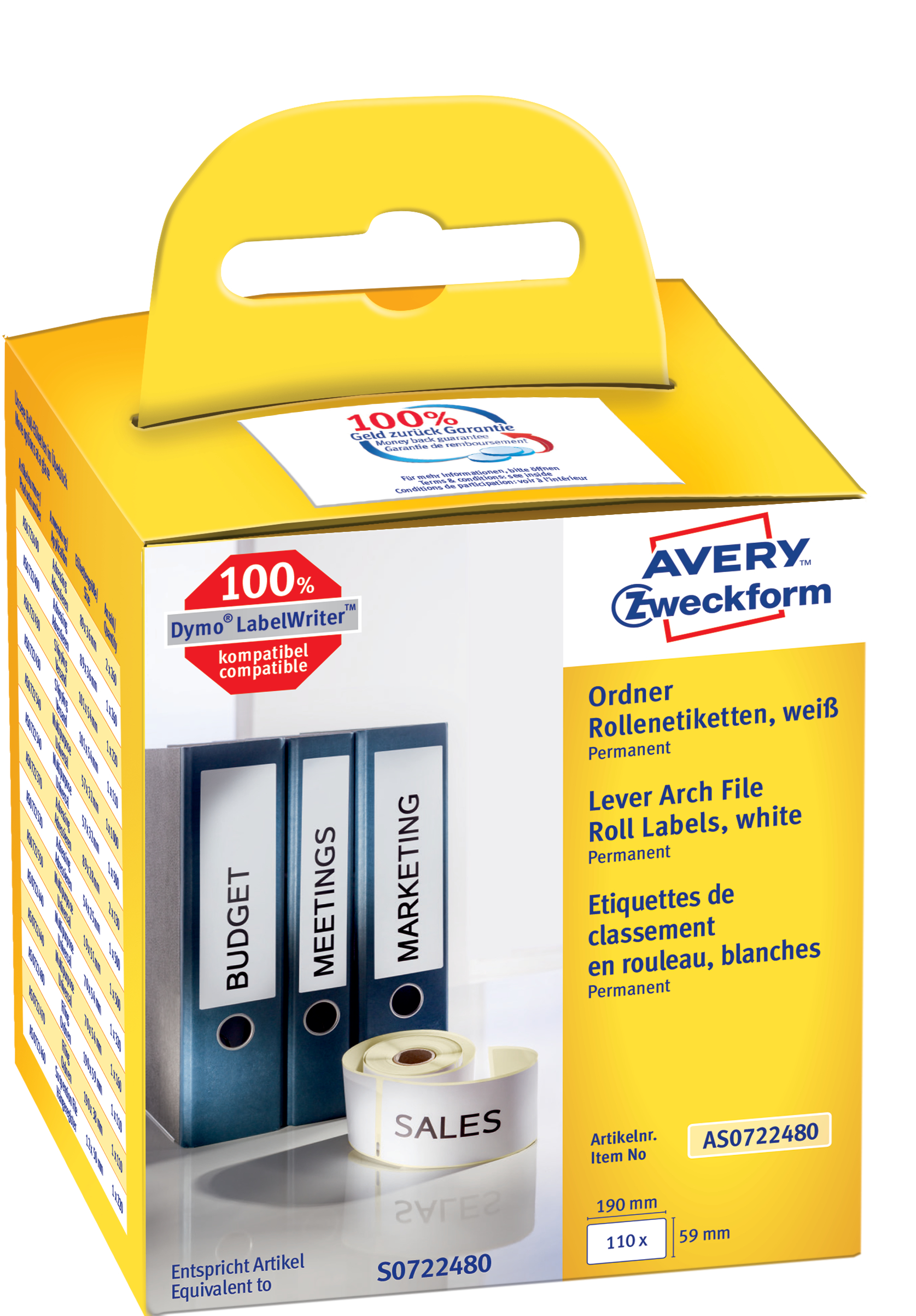 AVERY ZWECKFORM Ordner-Etiketten 190x59mm AS0722480 weiss, Rolle 110 STück AVERY ZWECKFORM Ordner-Etiketten 190x59mm AS0722480 weiss, Rolle 110 STück