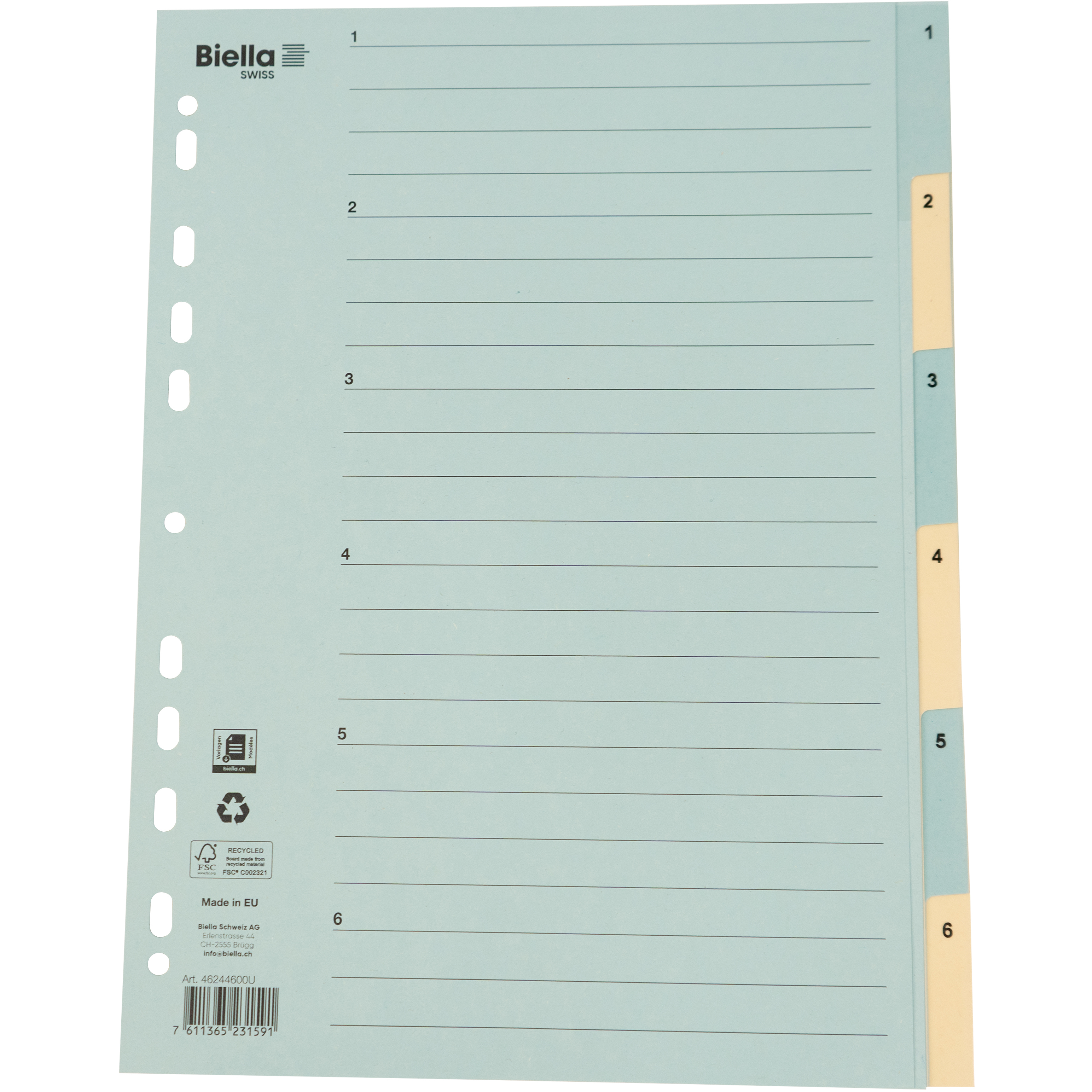 BIELLA Kartonregister 210g A4 46244600U blau/gelb 1-6