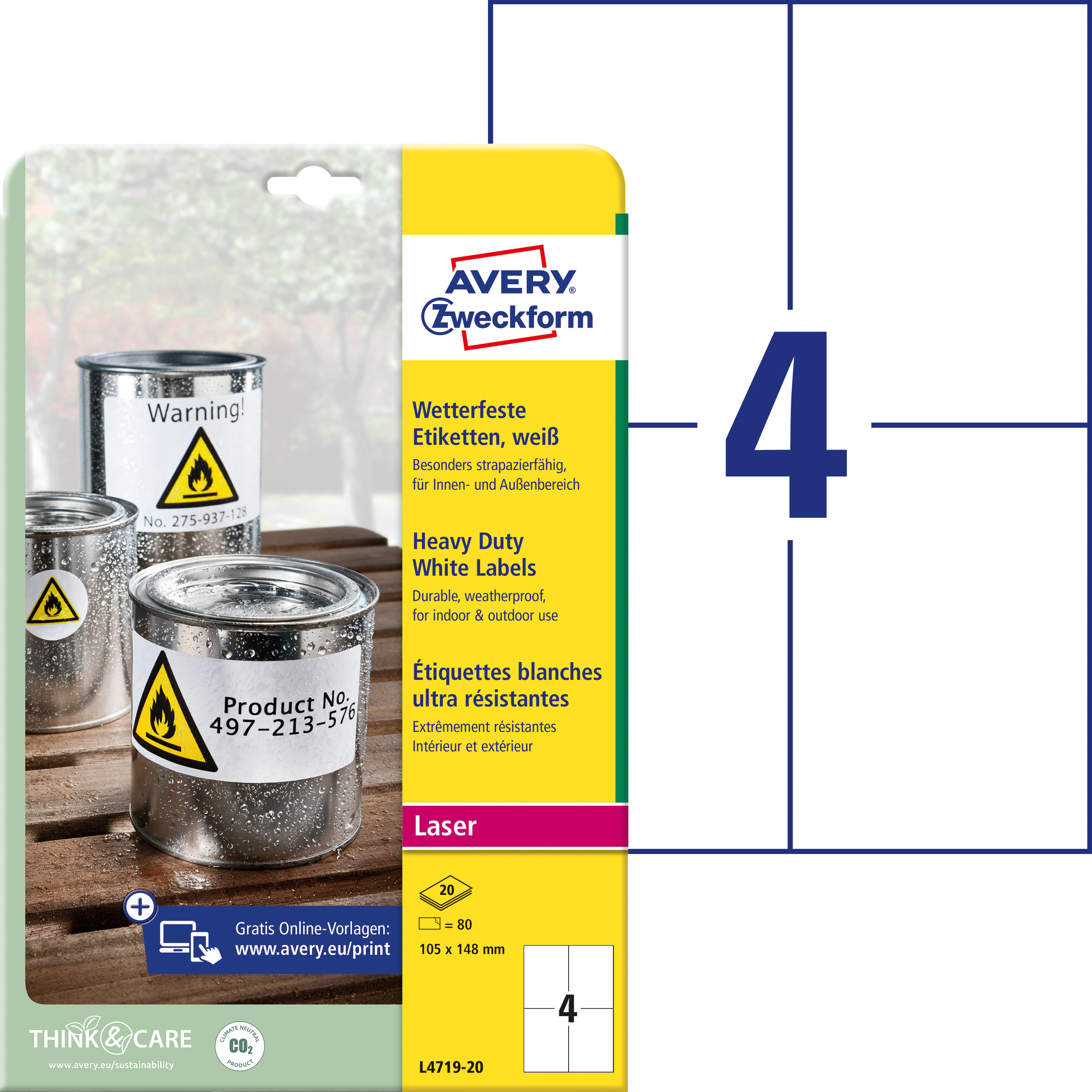 AVERY ZWECKFORM Etiketten Laser 105x148mm L471920 weiss, wetterfest 20 Blatt