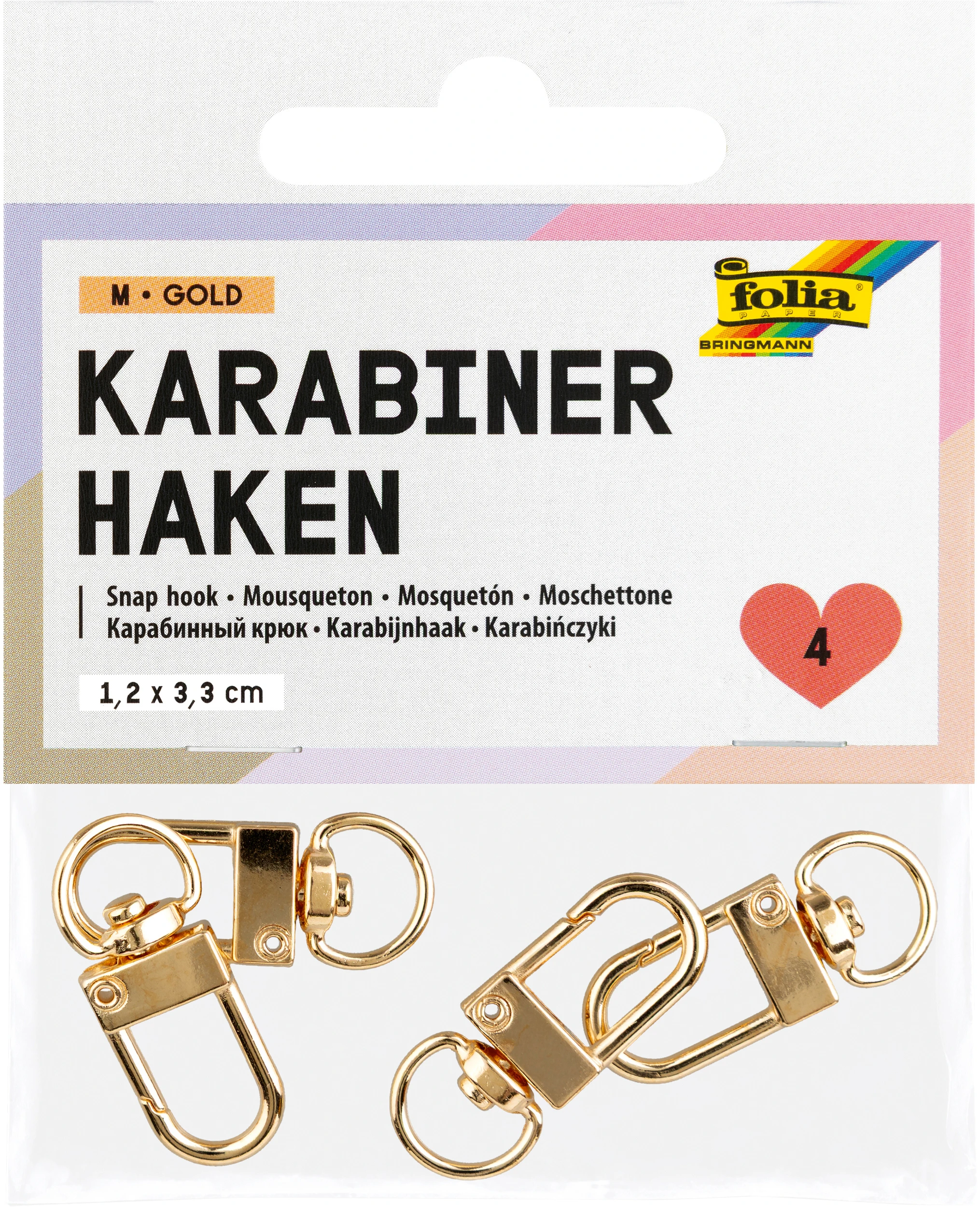 FOLIA Karabinerhaken M 1.2x3.3cm 78301 gold 4 Stück
