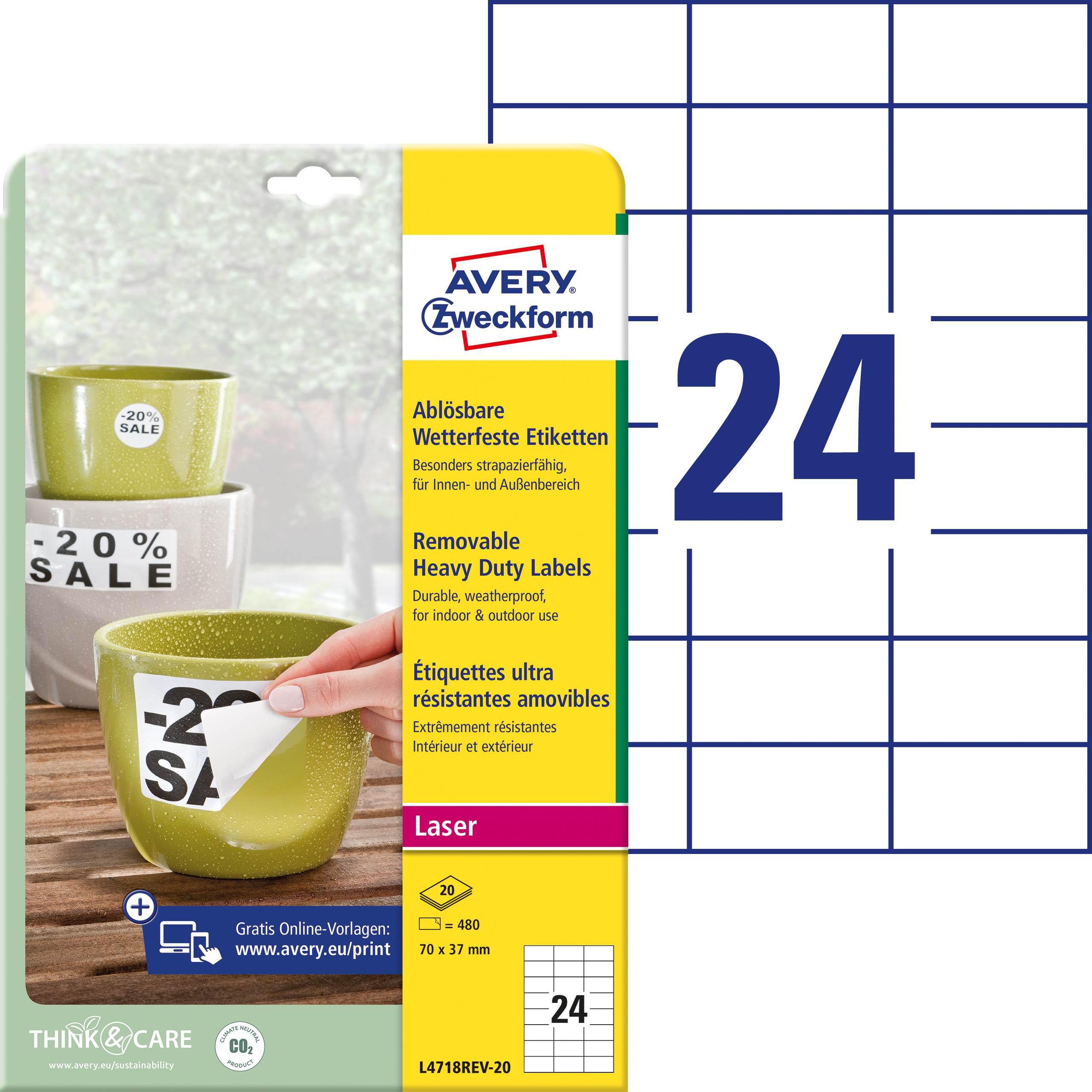 AVERY ZWECKFORM Etiketten Laser 70x37mm L4718REV2 weiss,wetterfest,ablösbar 20B.