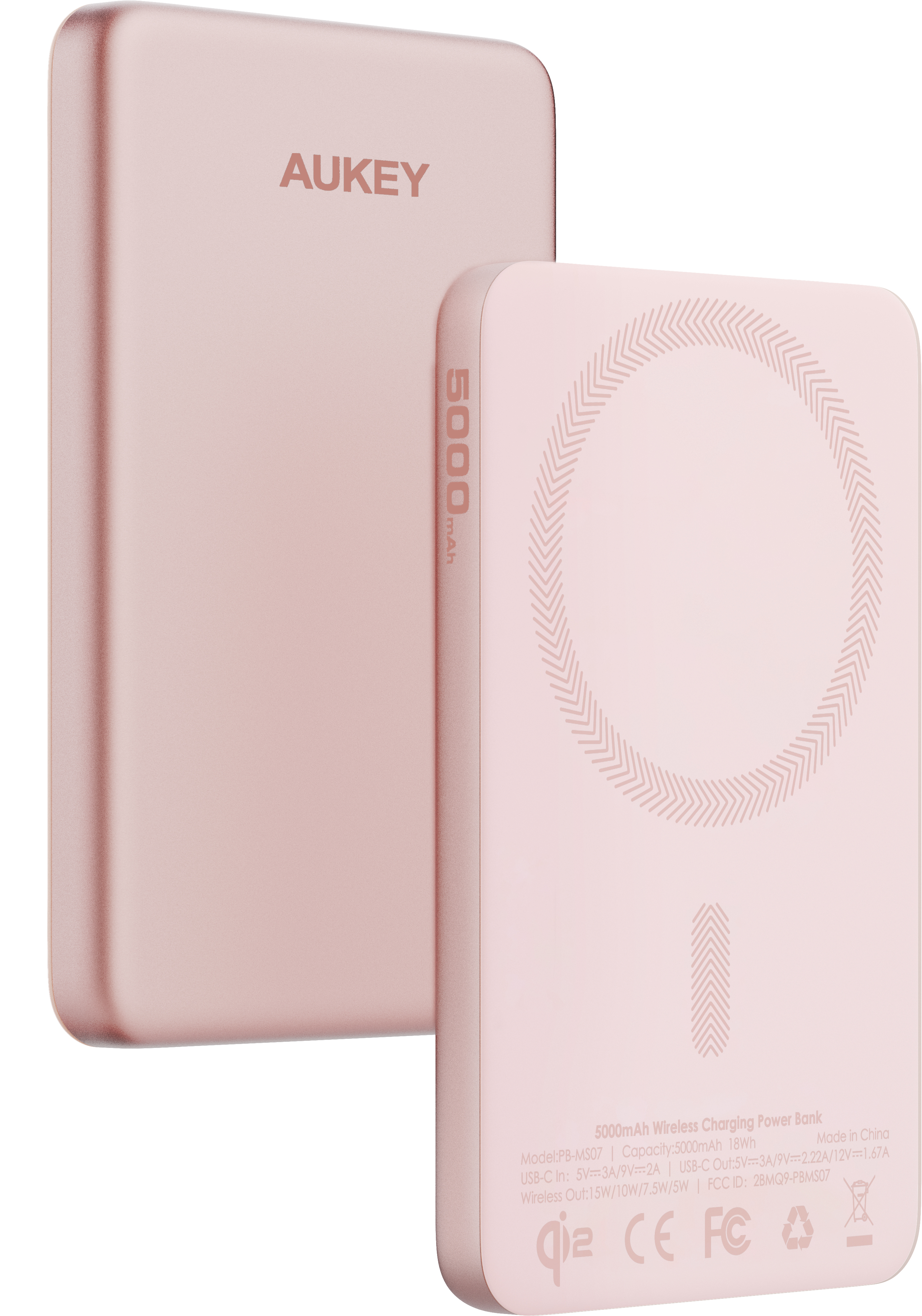 AUKEY MagFusion Slim 5000mAh PB-MS07 DP Powerbank Qi2 Wireless,Peach