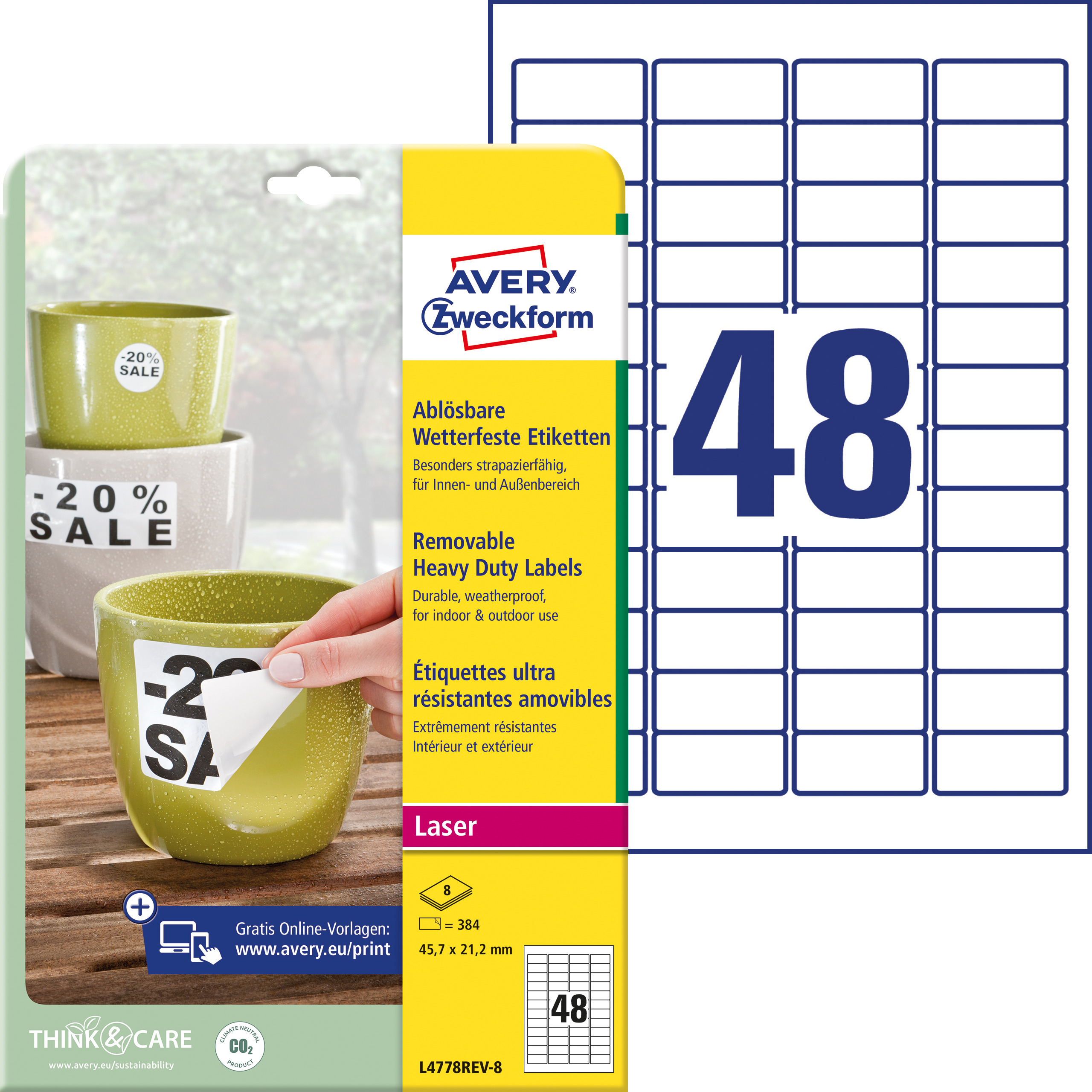 AVERY ZWECKFORM Etiketten Laser 45,7x21,2mm L4778REV8 weiss,wetterfest,ablösbar 8 B.