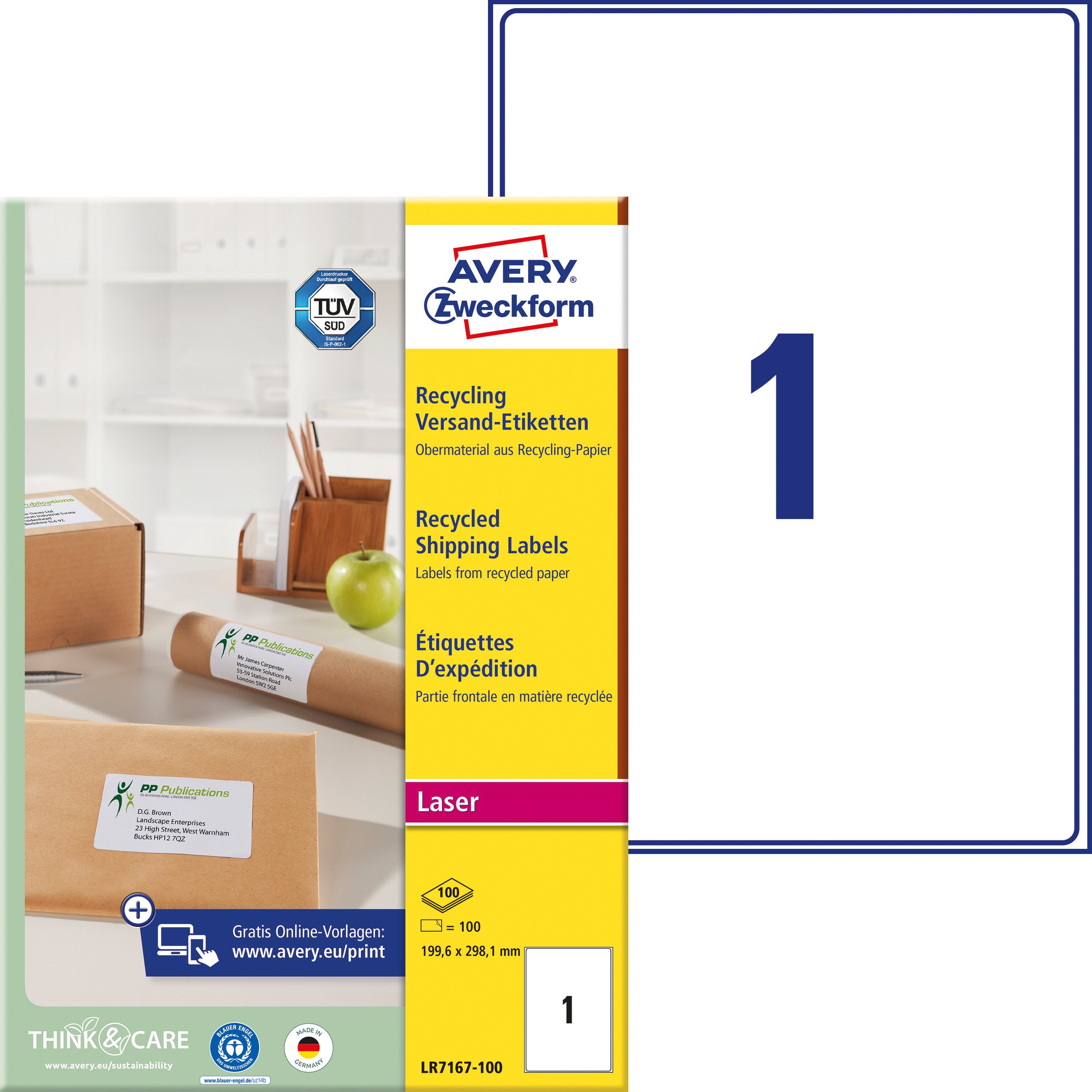 AVERY ZWECKFORM Adressetiketten 199,6x289,1mm LR7167100 recycling 100 Stück