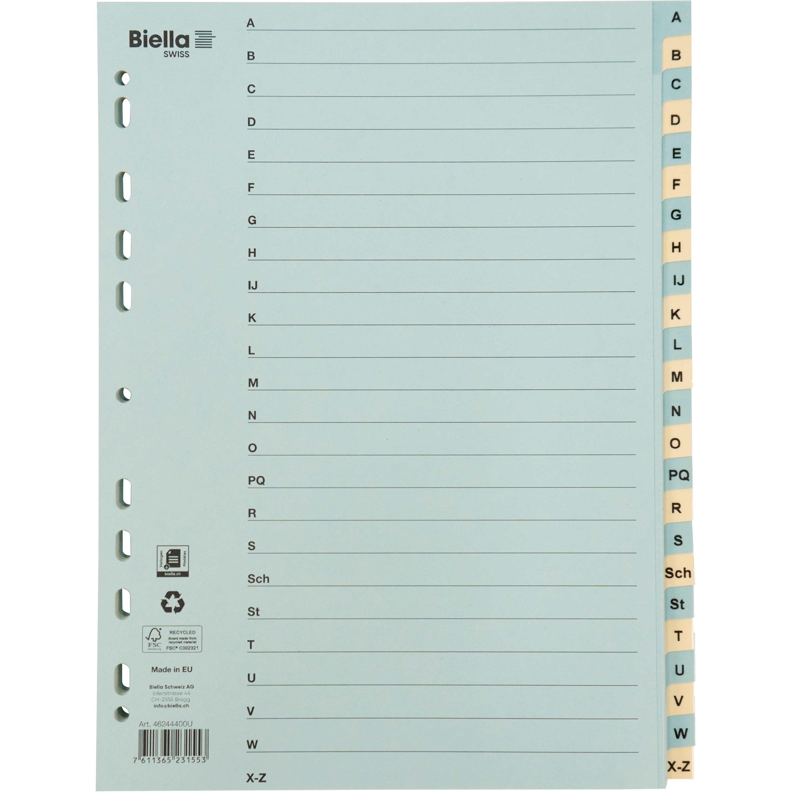 BIELLA Kartonregister 210g A4 46244400U blau/gelb A-Z 24-teilig