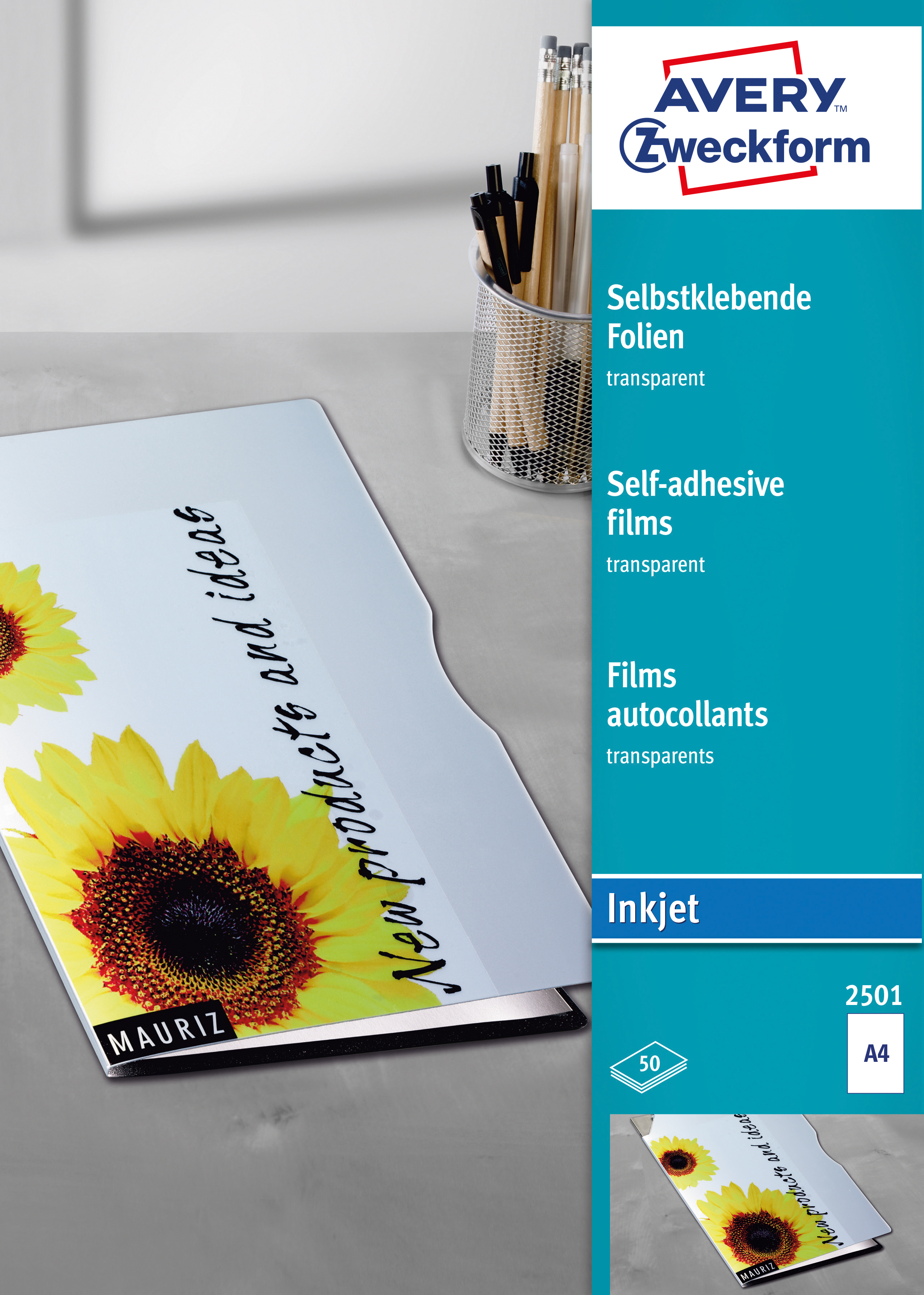AVERY ZWECKFORM Selbstklebende Folie A4 2501 0.17mm Inkjet 50 Blatt